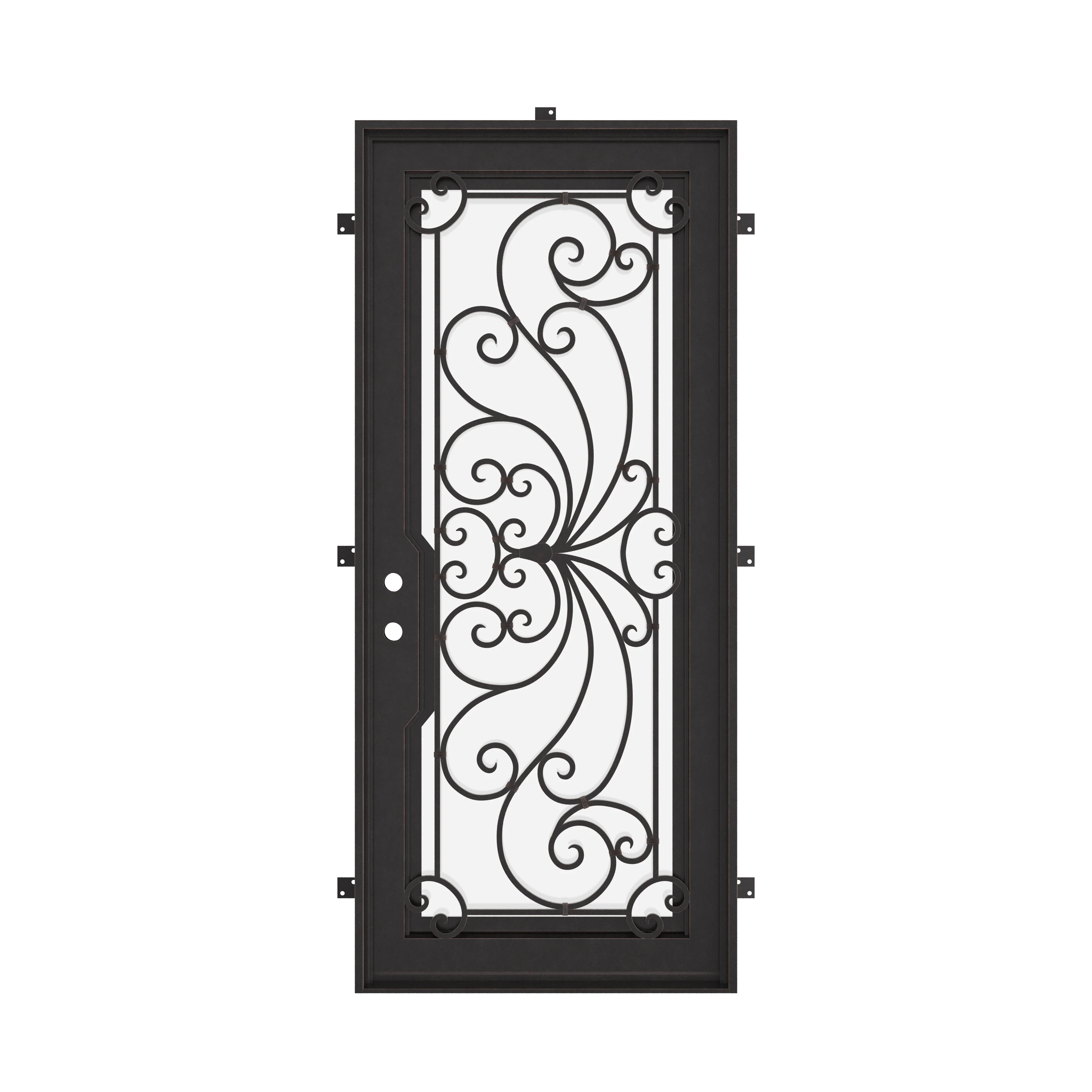 Miracle Bronze color exterior metal flat top single hinged door with glass panel.