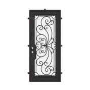 Miracle Black exterior metal flat top single front door with glass and ironwork.