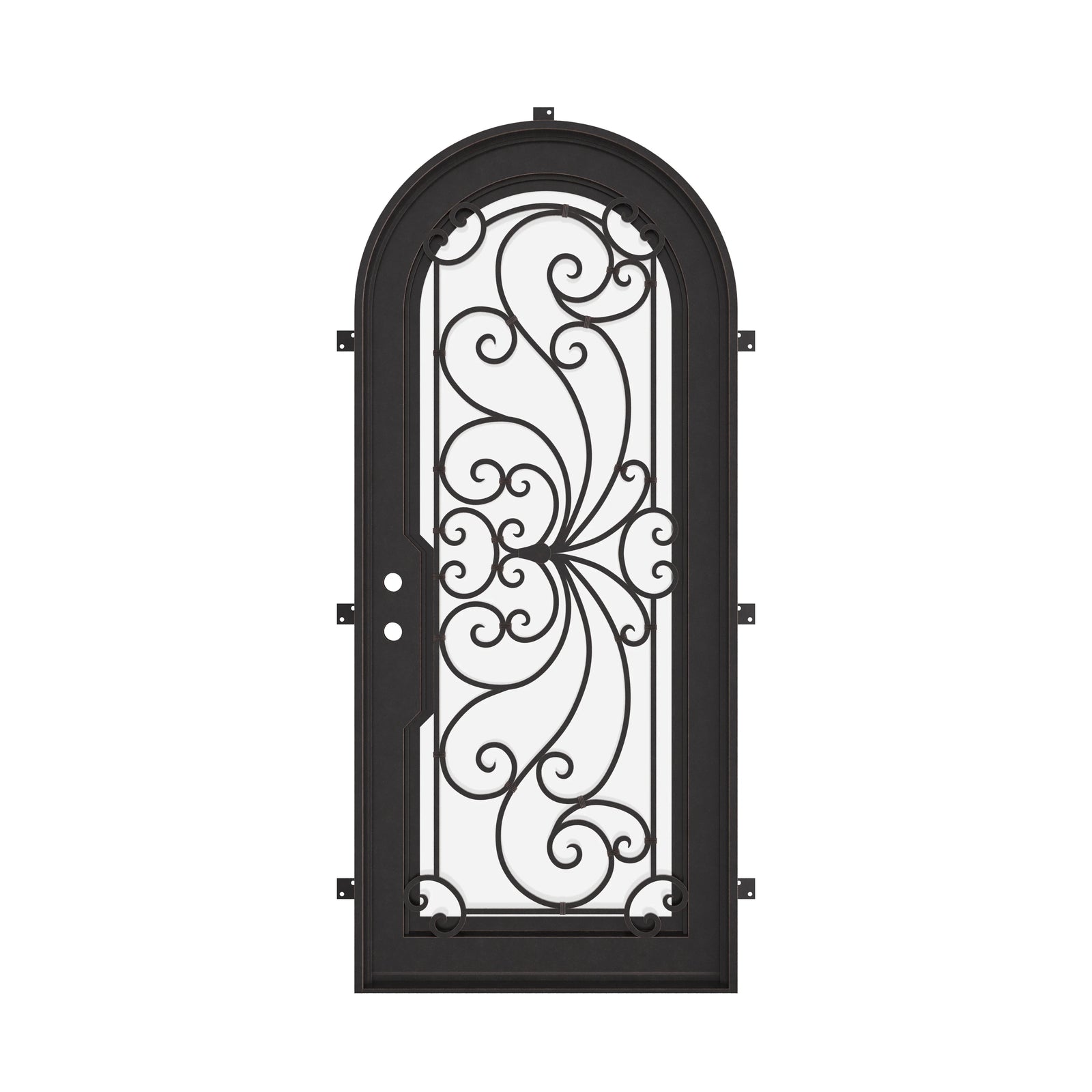 Miracle single radius top swing door with ornate scrollwork and thick glass.