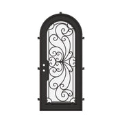 Miracle single radius top swing door with ornate scrollwork and thick glass.