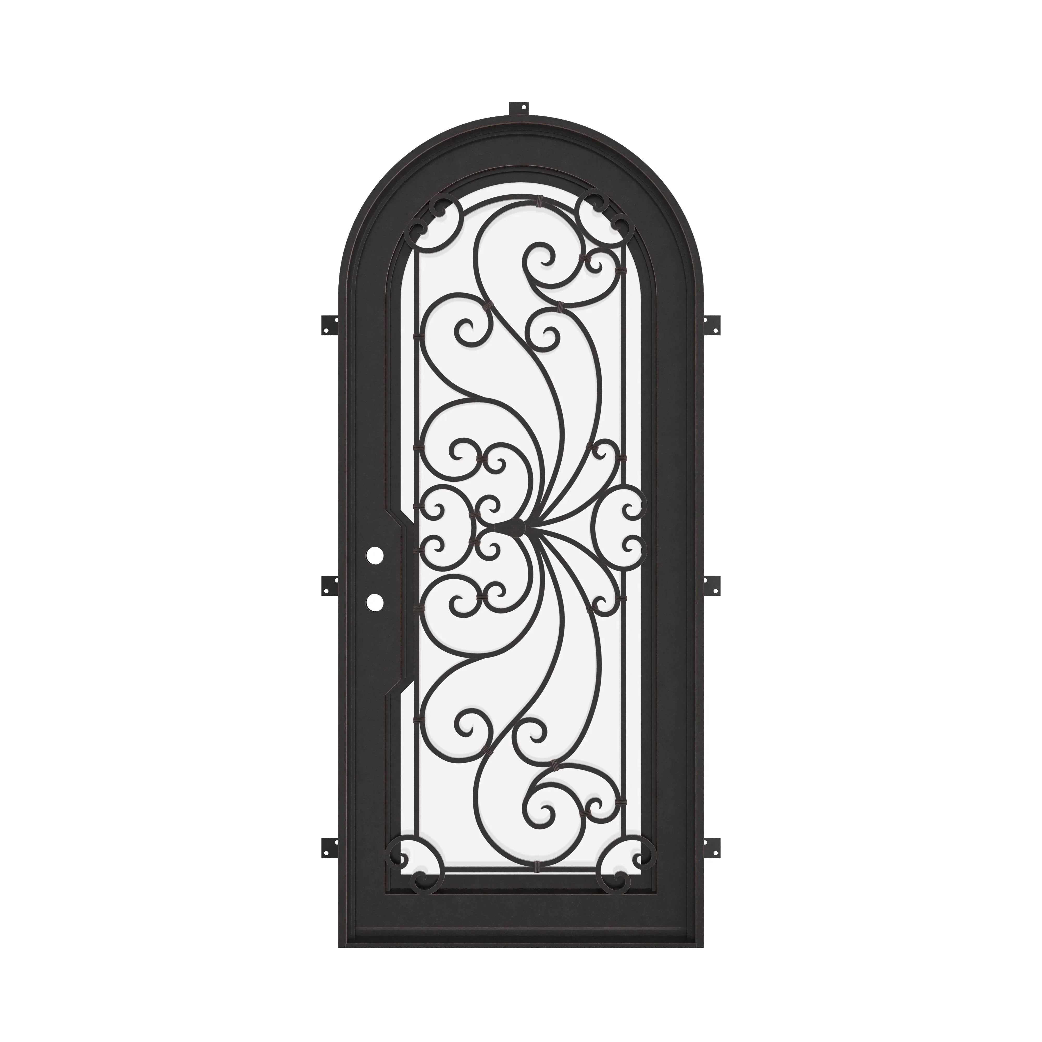 Miracle black wrought iron single radius top door with energy efficient glass.