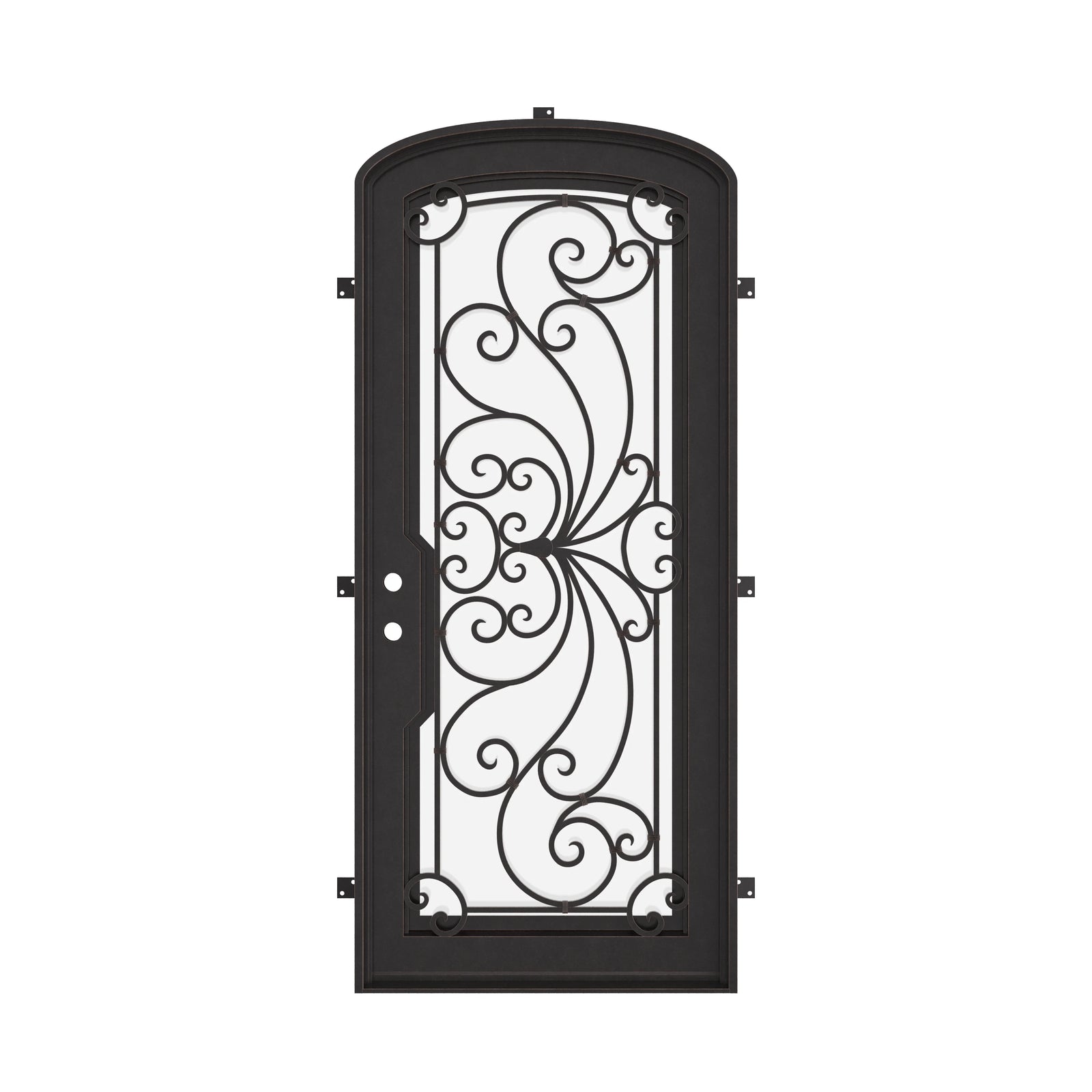Miracle black exterior wrought iron mini arch top single door with thick double glass.