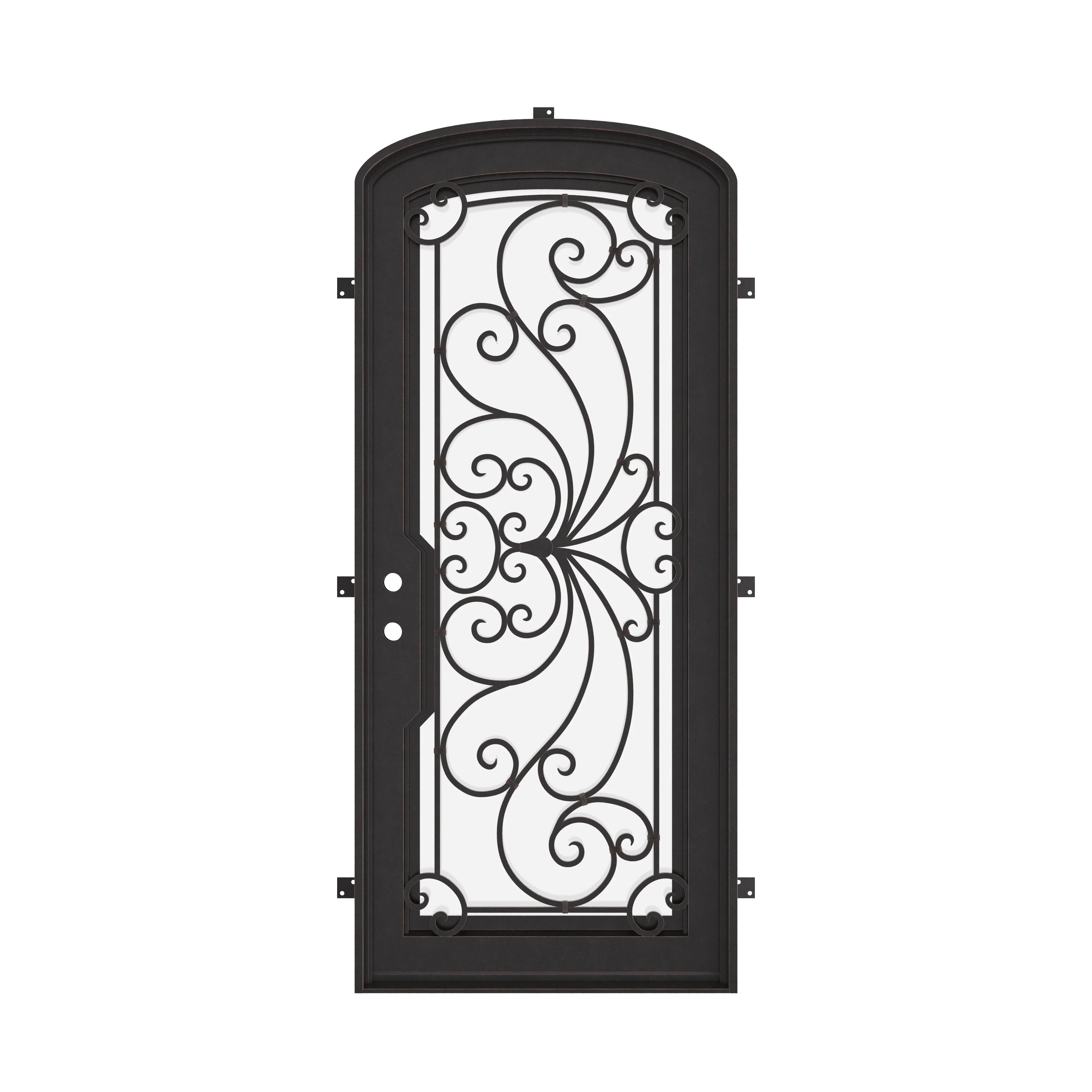 Miracle black exterior wrought iron mini arch top single door with thick double glass.