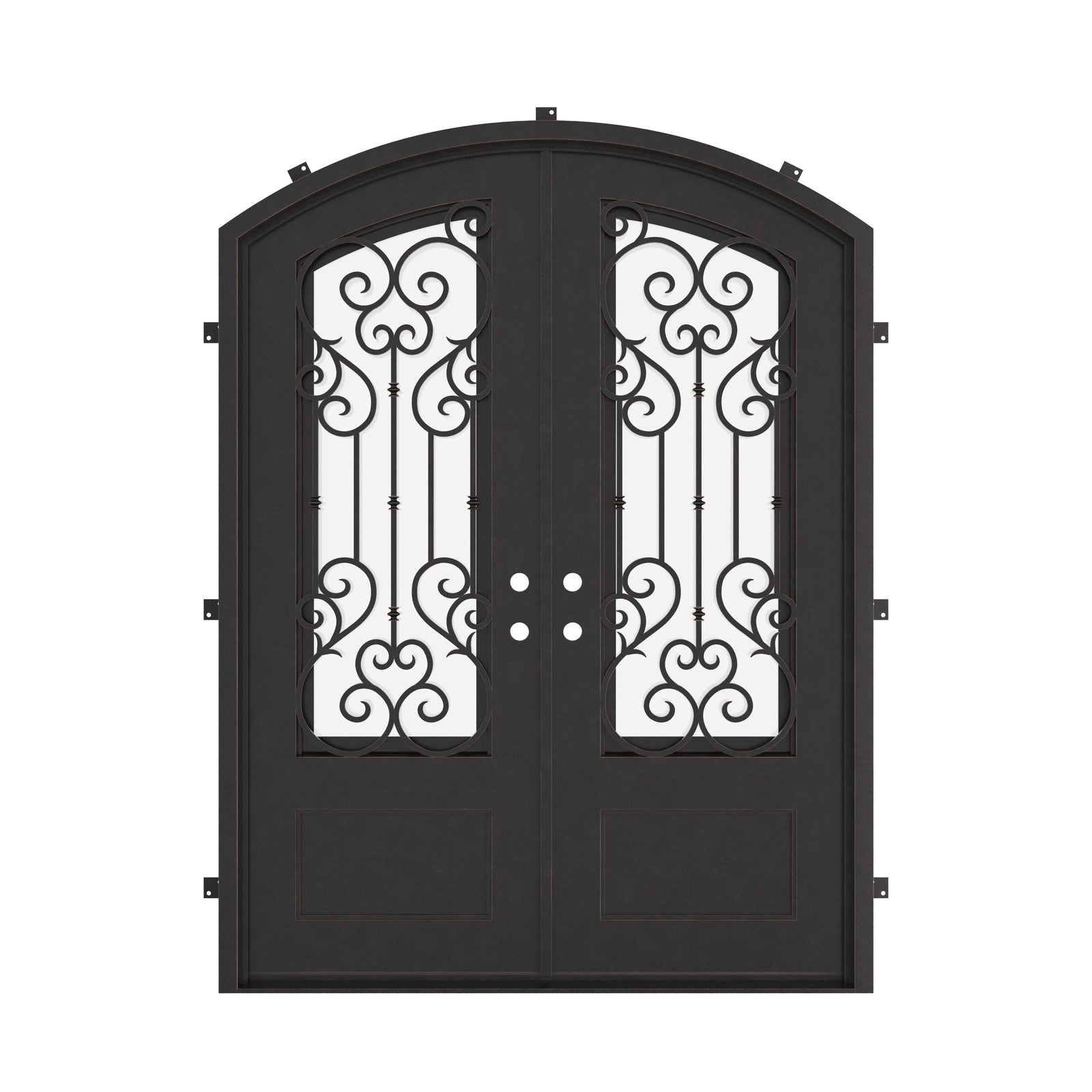 New York double door with efficient glass in bronze hue and arched top.