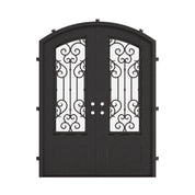 New York double door with efficient glass in bronze hue and arched top.
