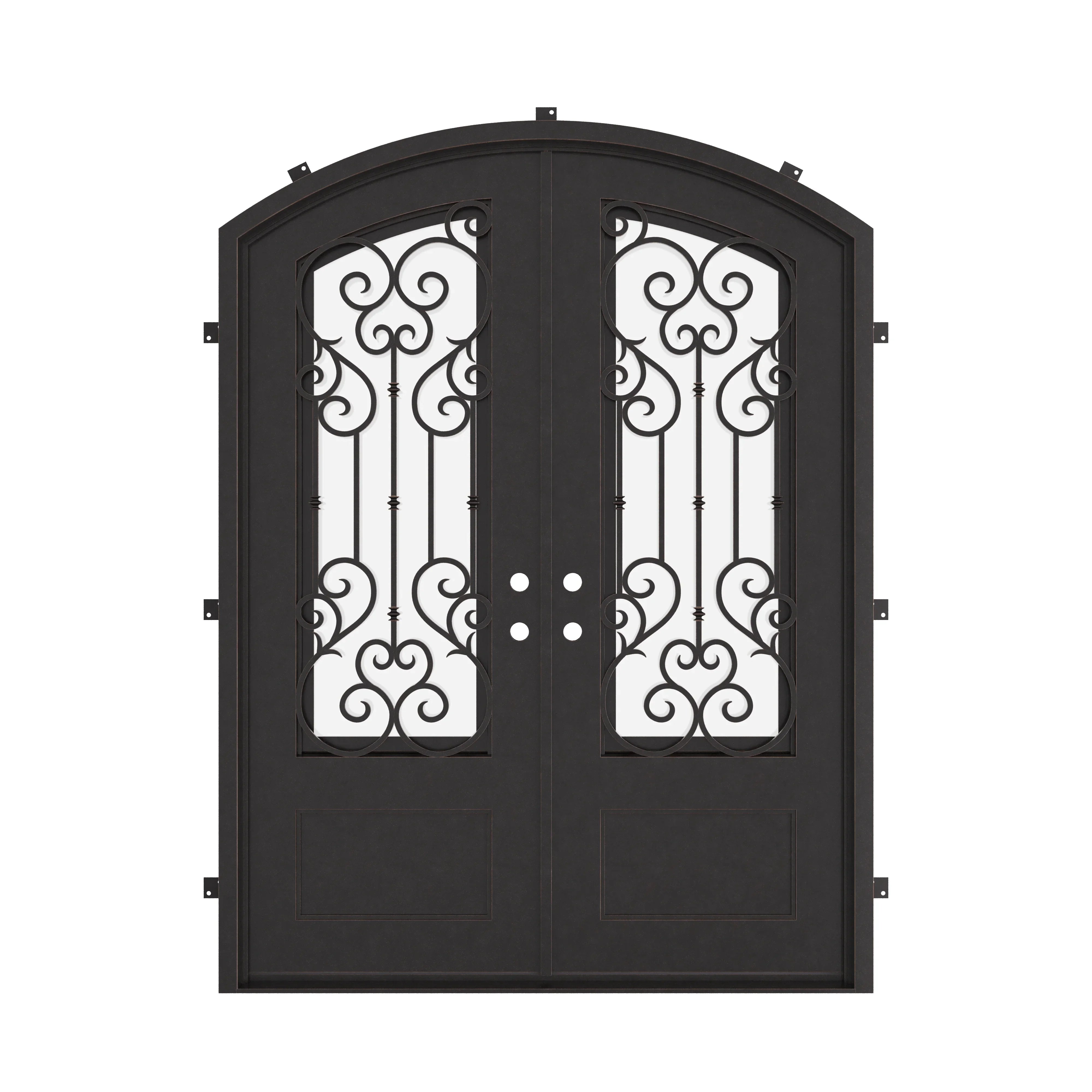 New York metal arched top double door in black with thermal barrier and clear glass.