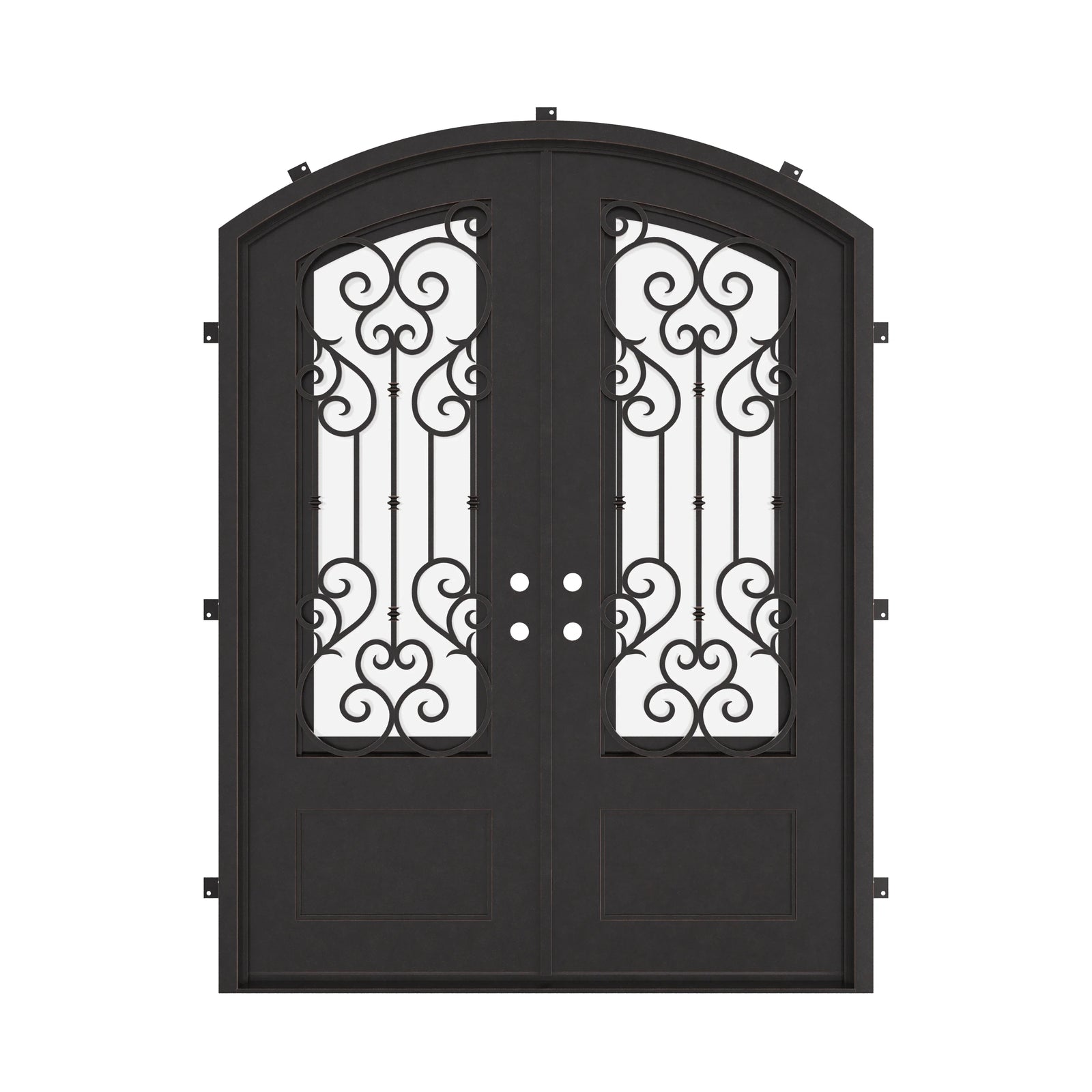 New York iron door in bronze finish with glass and arched design.