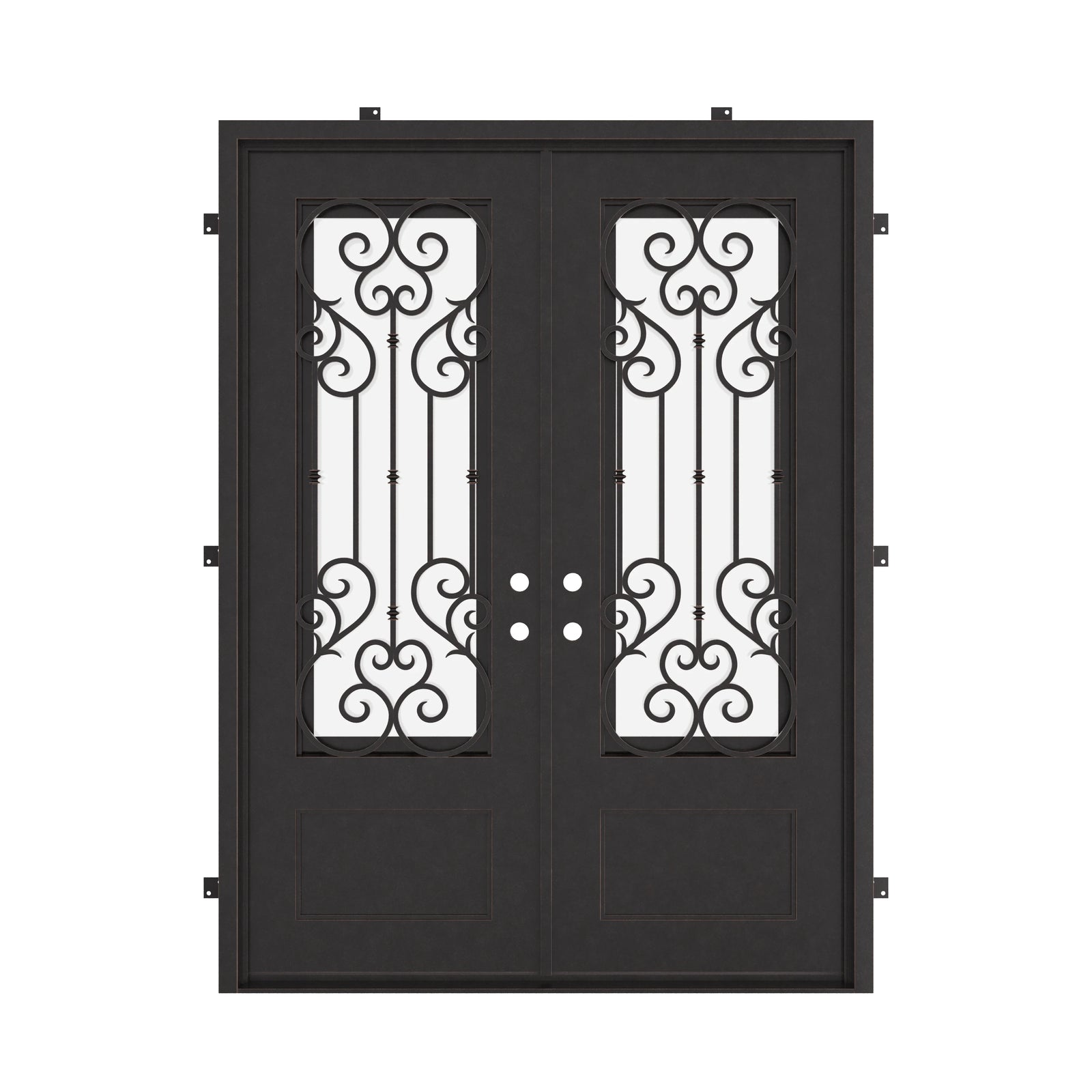 New York black exterior wrought iron double flat swing door with tempered glass.