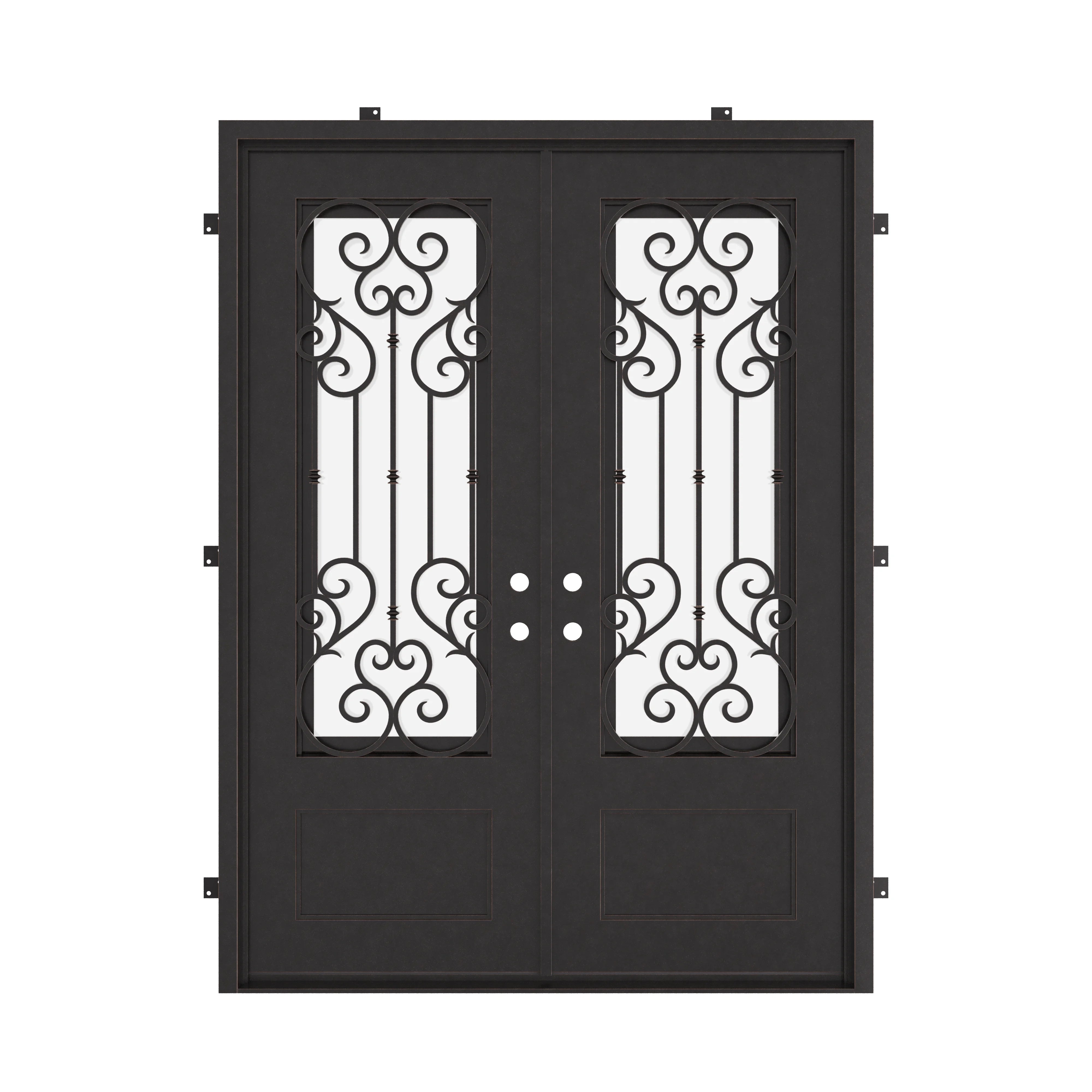 New York black exterior wrought iron double flat swing door with tempered glass.