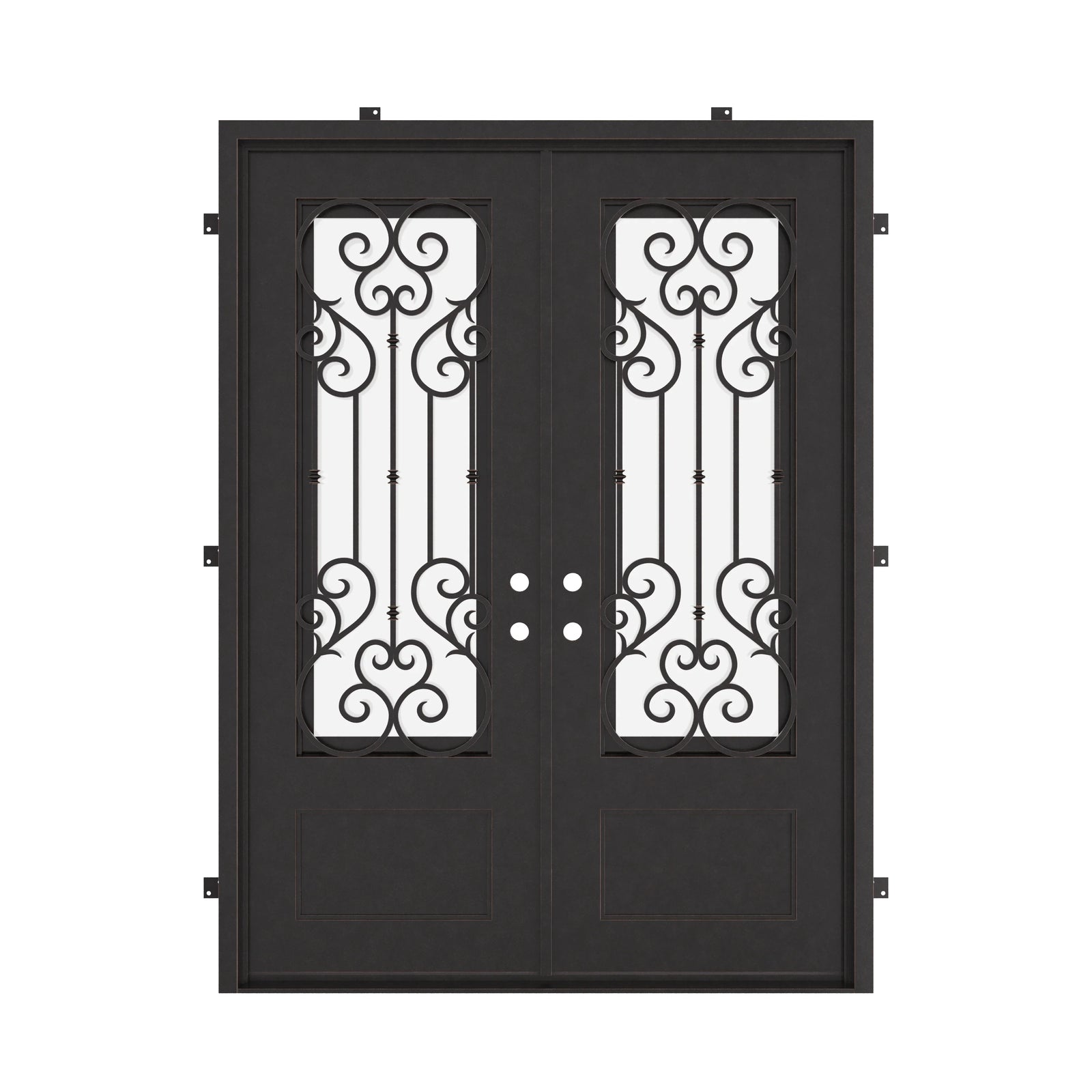 New York square top french entry door in black finish for cold temperatures.