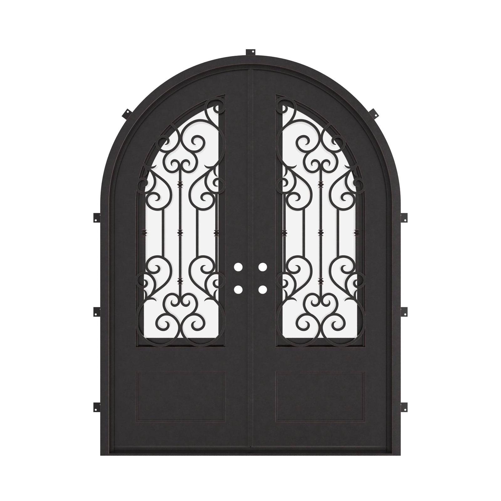 New York double radius top hinged door with hand forged scrollwork and glass.