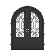 New York double radius top hinged door with hand forged scrollwork and glass.