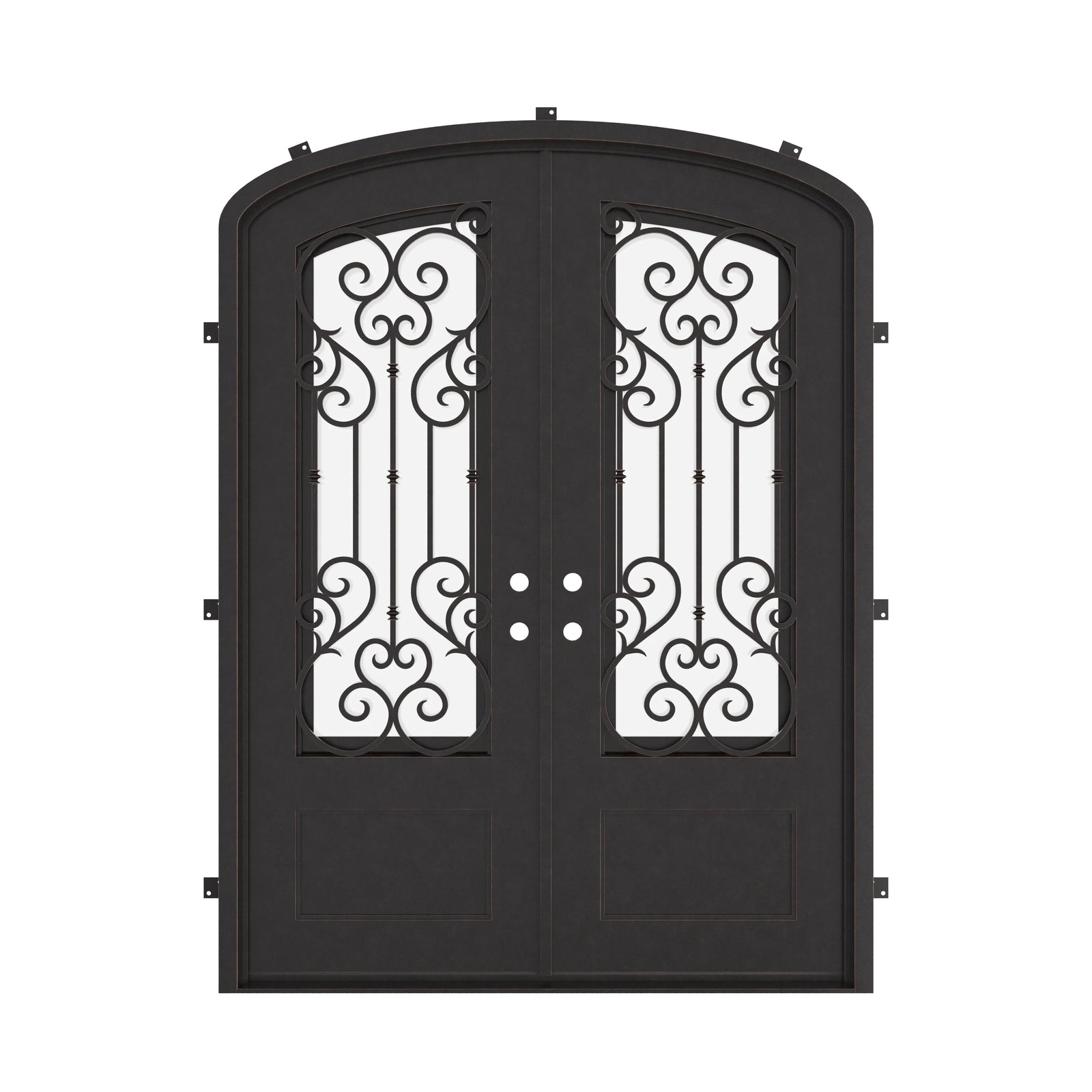 New York bronze color entry door with arched top and clear glass.