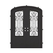New York bronze color entry door with arched top and clear glass.