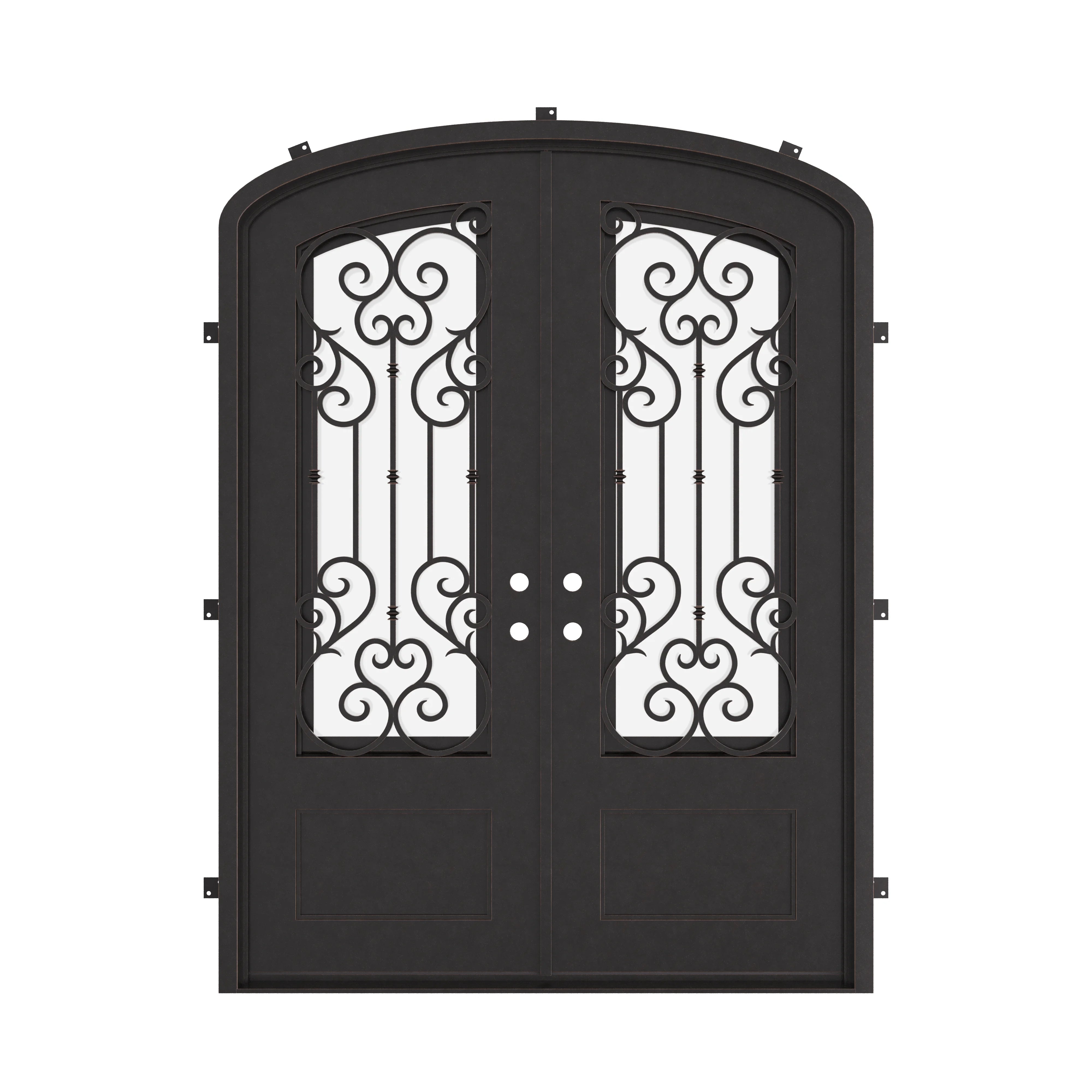 New York bronze color entry door with arched top and clear glass.