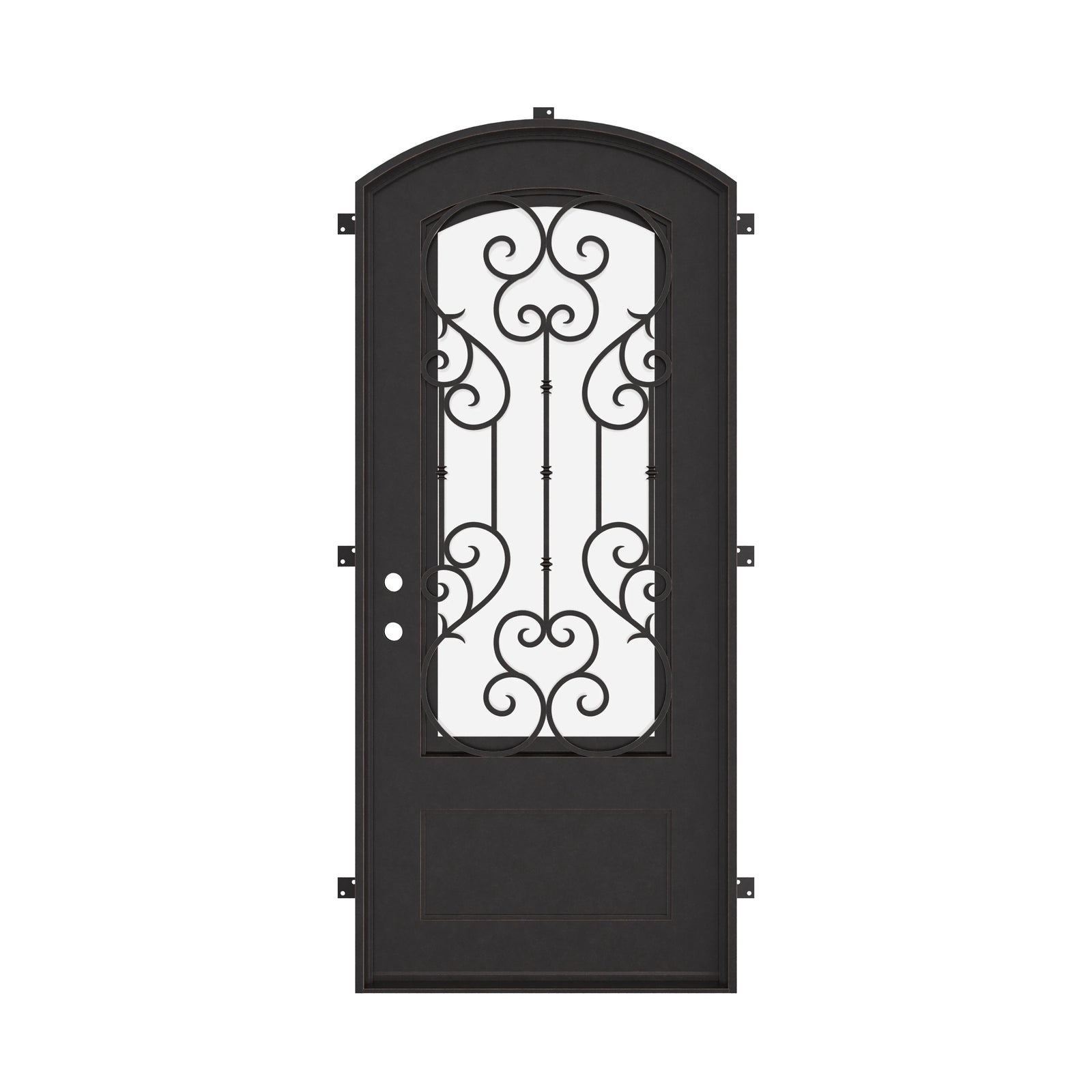 New York single eyebrow arch top single entry door with ornate metalwork in black.
