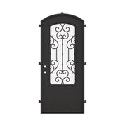New York single eyebrow arch top single entry door with ornate metalwork in black.