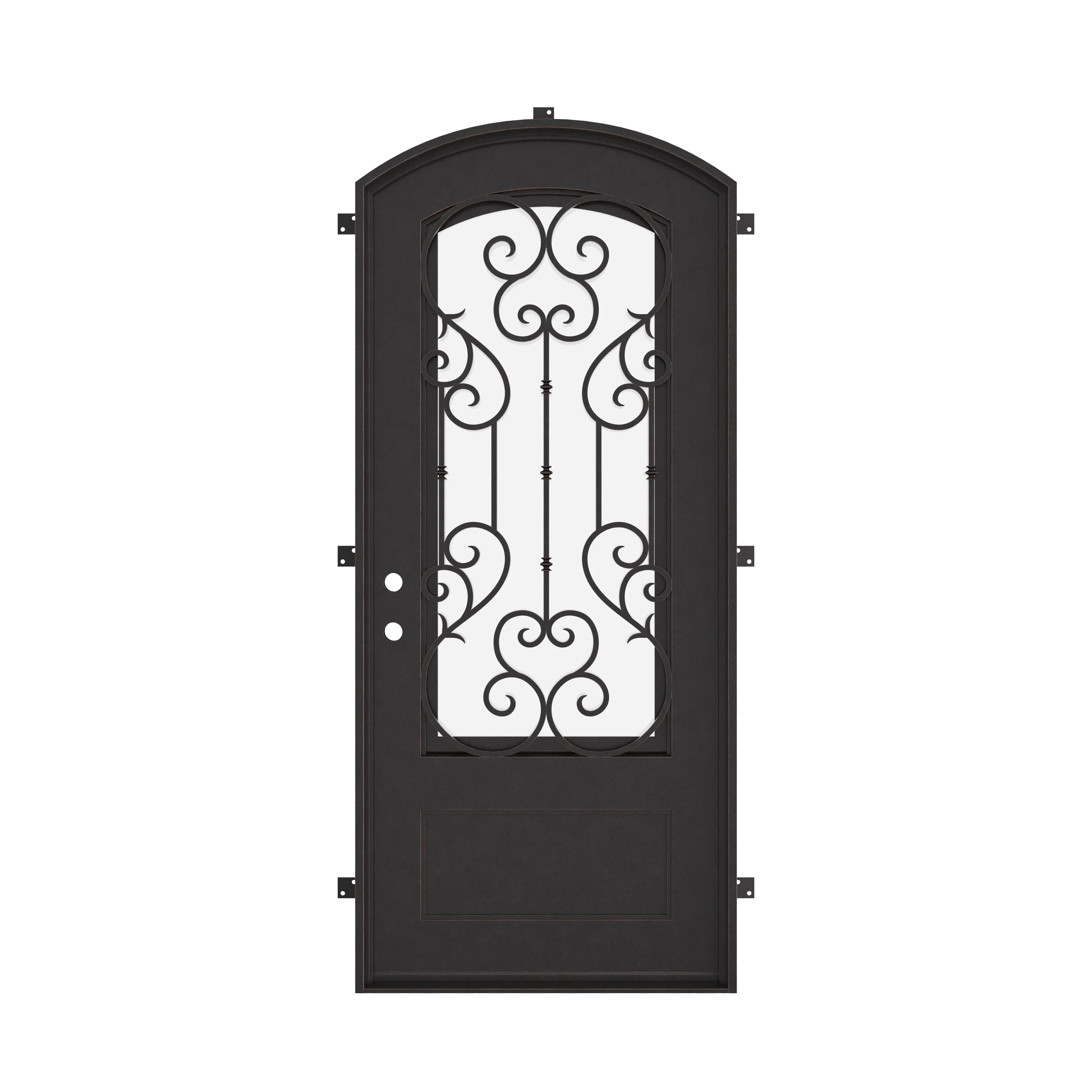 New York single eyebrow arch top single entry door with ornate metalwork in black.