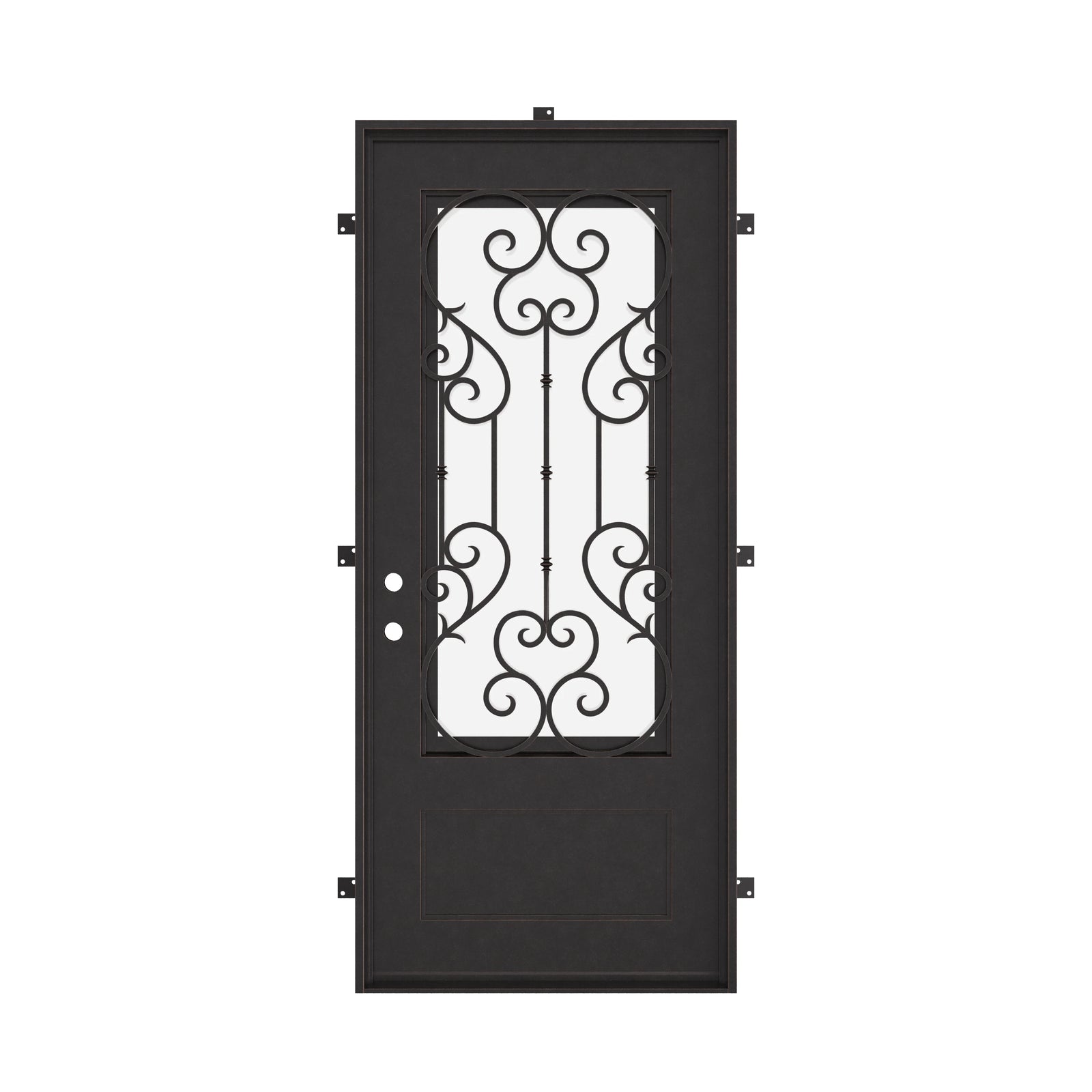 New York Black iron flat top single front door with dual-pane glass insert.