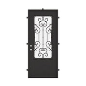 New York Black iron flat top single front door with dual-pane glass insert.