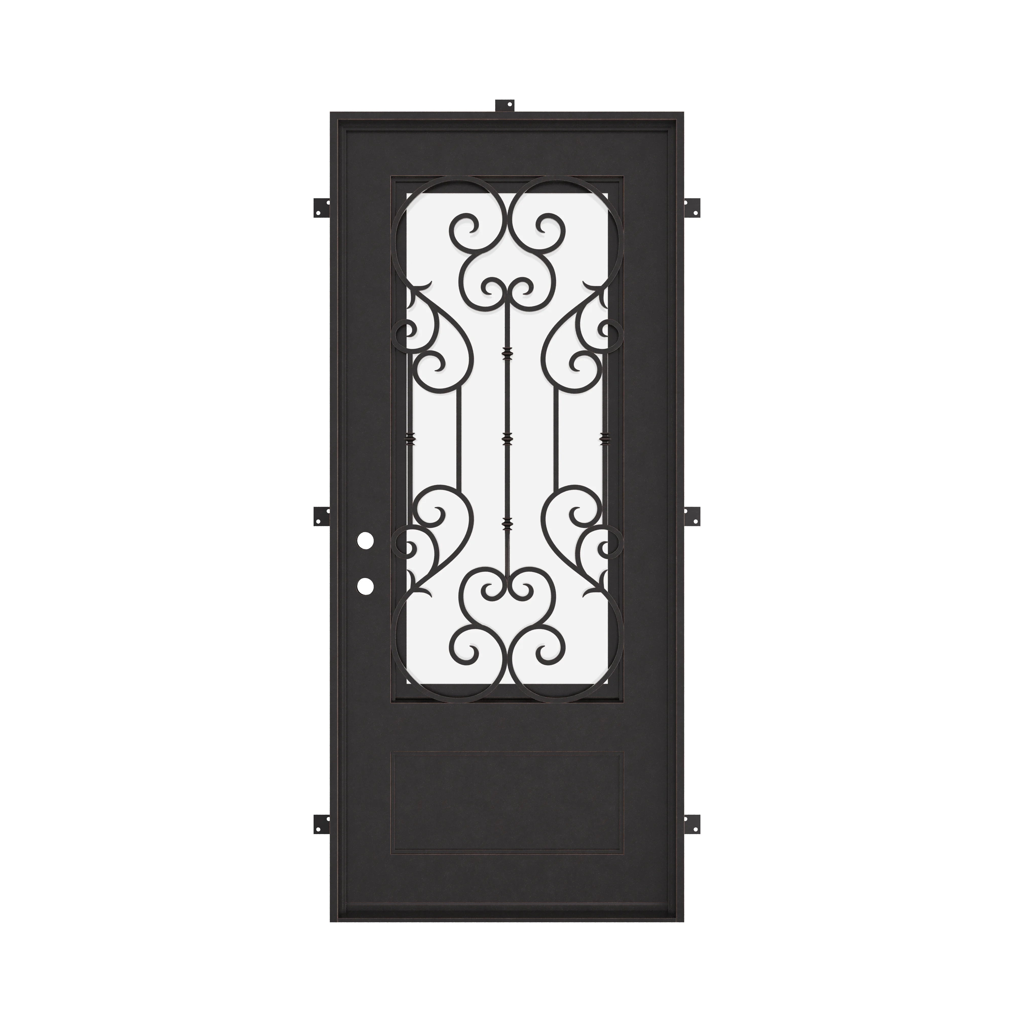 New York Black iron flat top single front door with dual-pane glass insert.