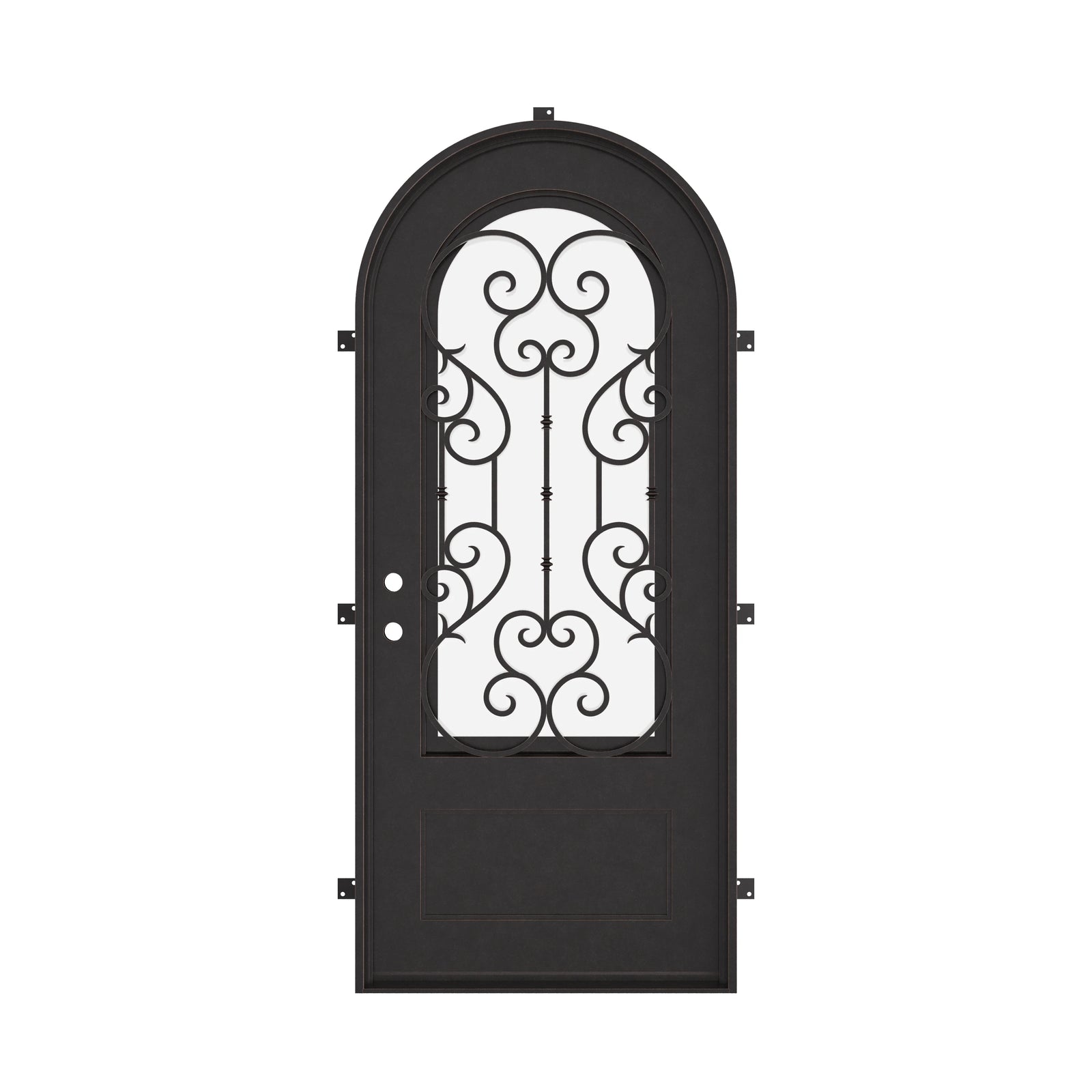 New York black cold rolled metal single full arch door with tempered glass.