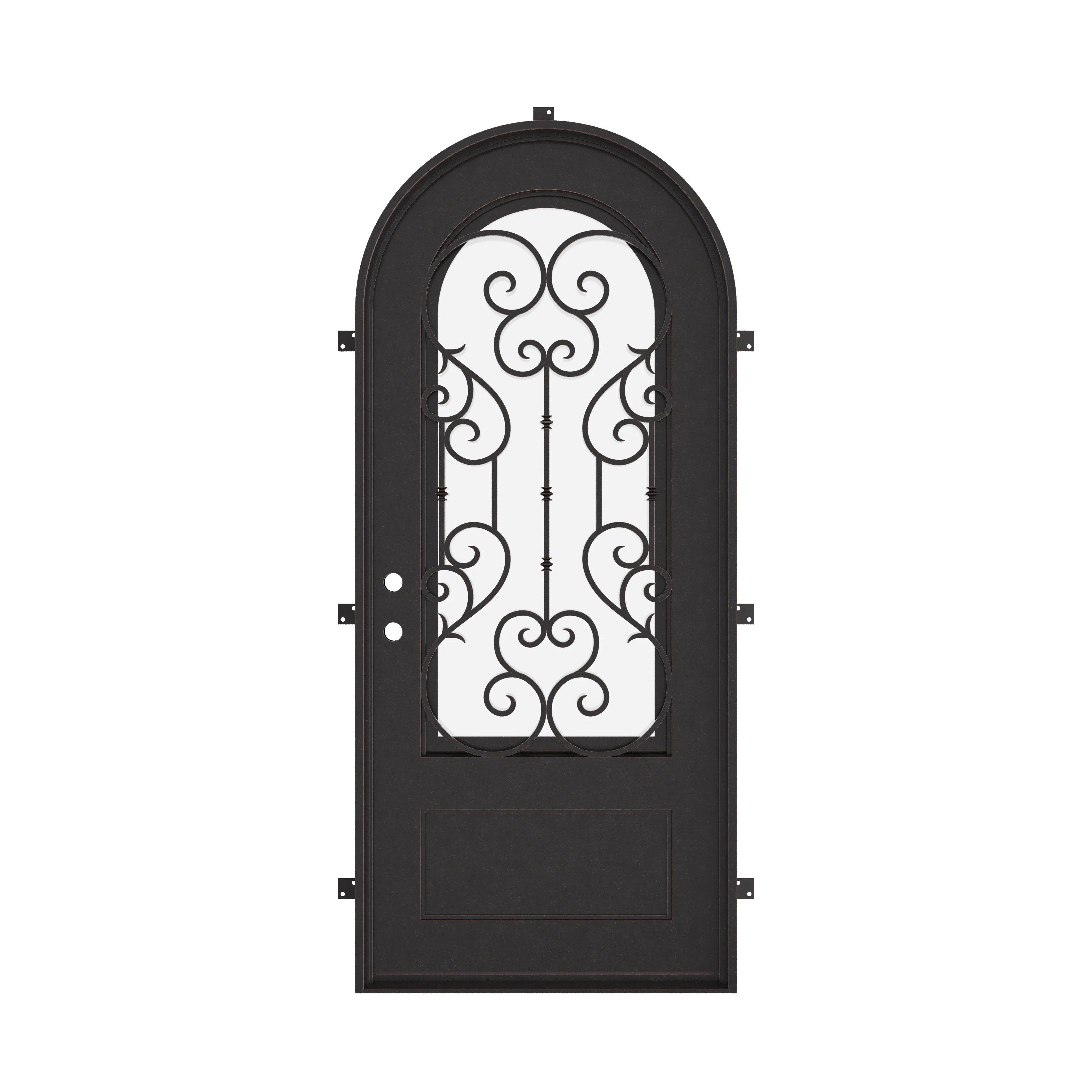 New York black cold rolled metal single full arch door with tempered glass.