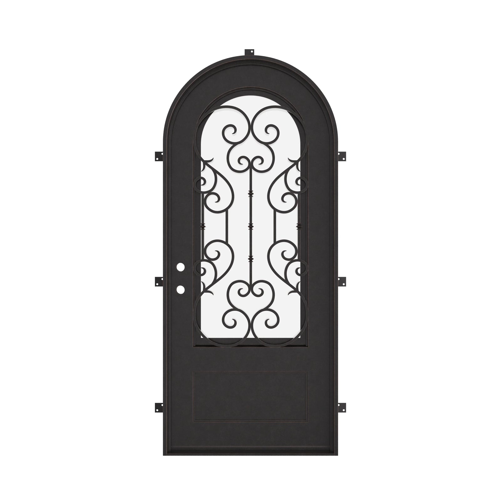 New York single radius top door with double-pane energy efficient glass in bronze color.