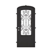 New York single mini arch top iron swing door with decorative metalwork in black color.