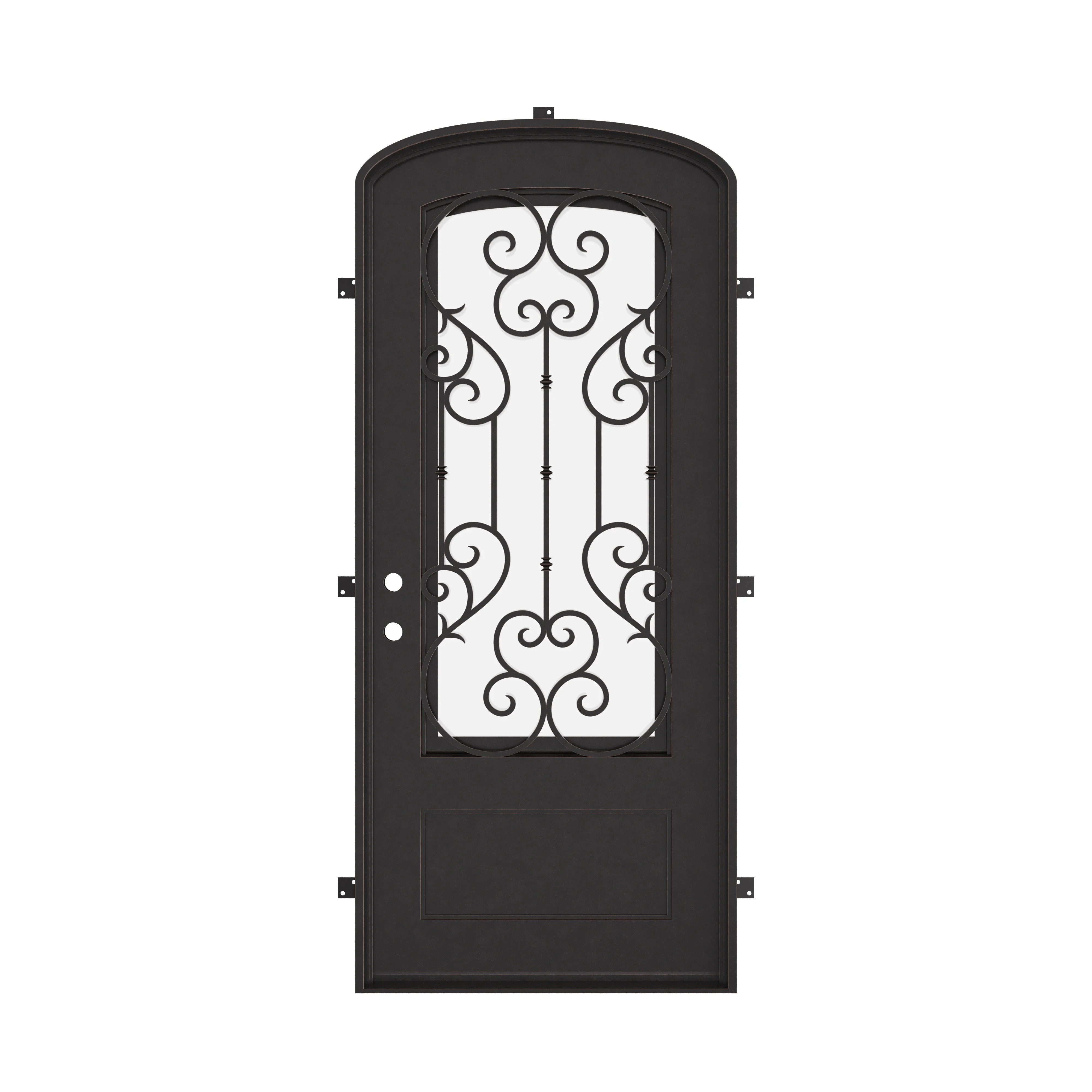 New York single mini arch top iron swing door with decorative metalwork in black color.