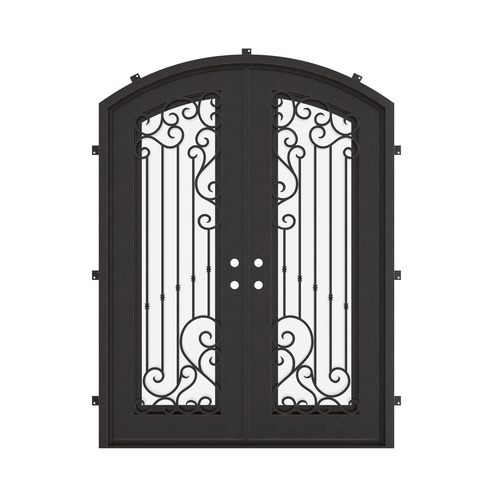 Paris bronze hued iron entry door with glass windows and arch design.