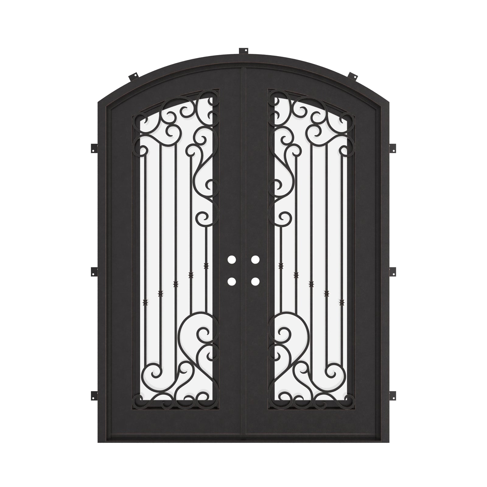 Paris bronze hued arch design double entry door with clear glass.
