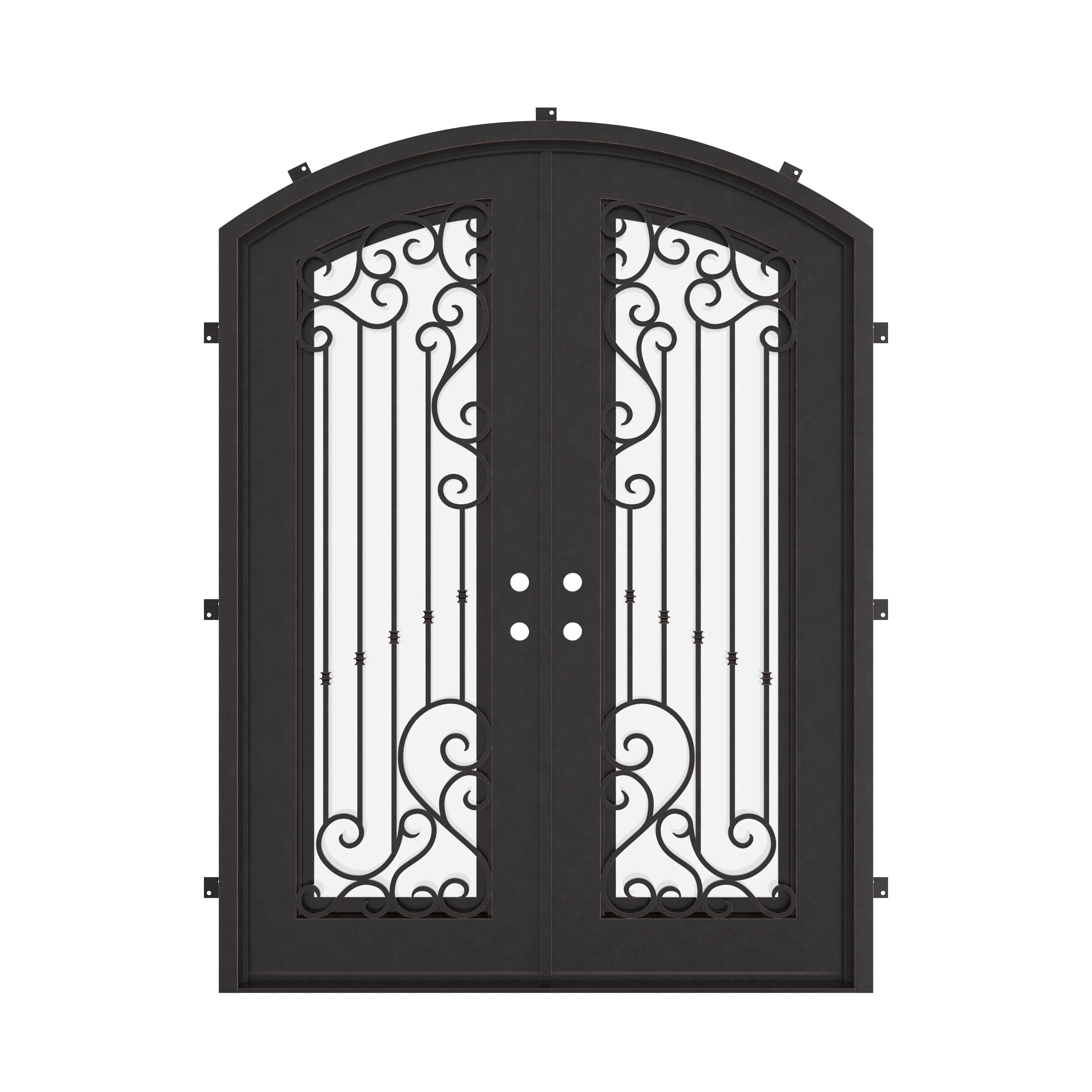 Paris bronze hued arch design double entry door with clear glass.