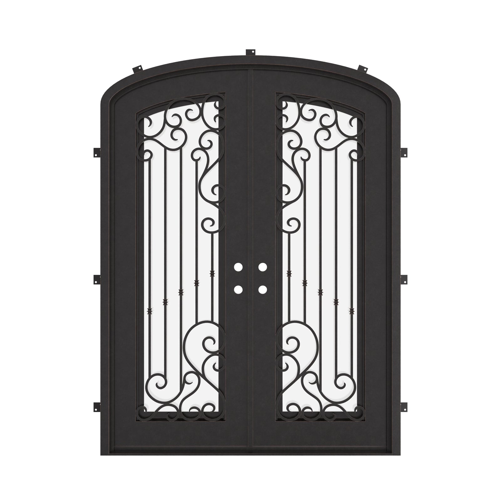 Paris bronze colored arch design iron double door with glass windows.
