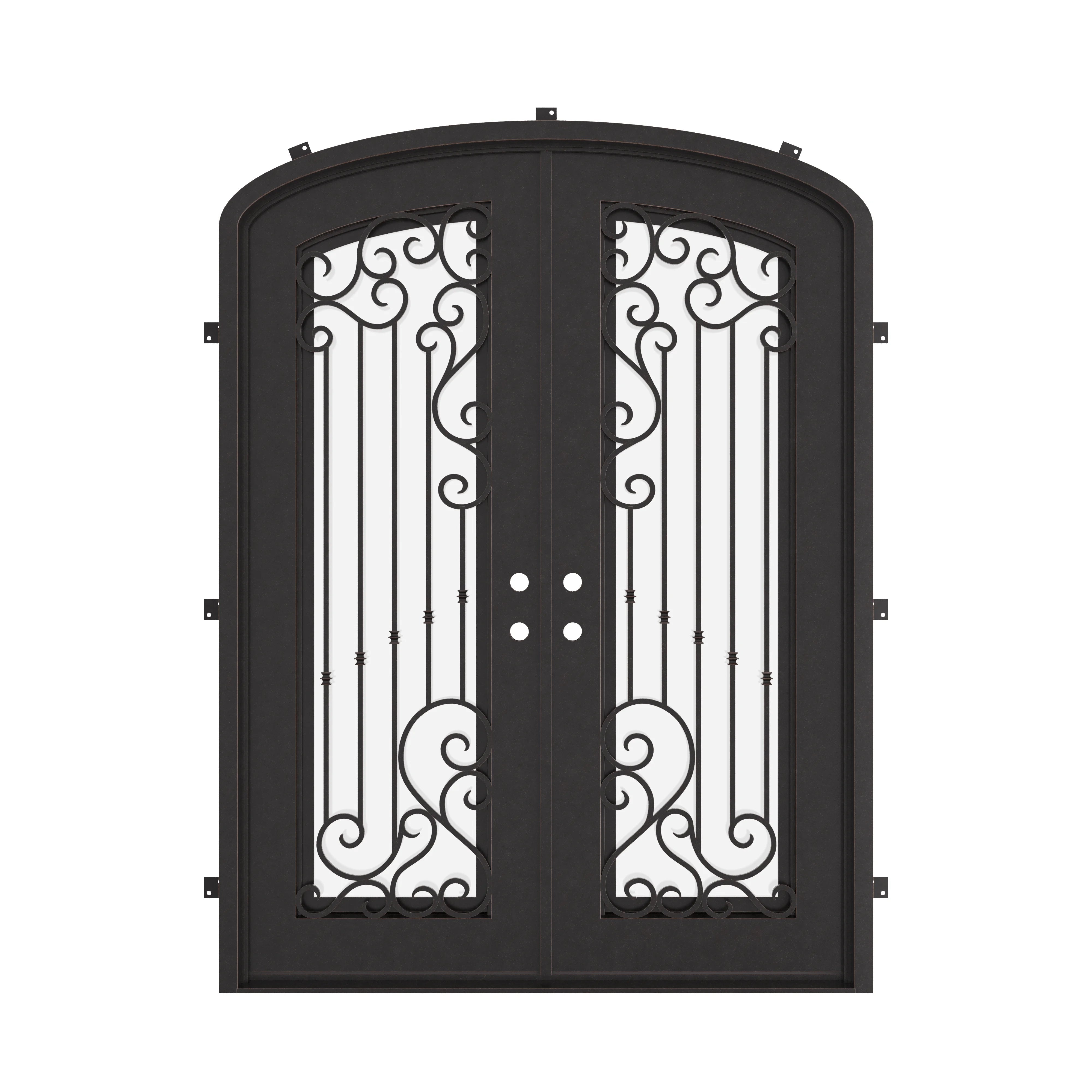 Paris bronze colored arch design iron double door with glass windows.