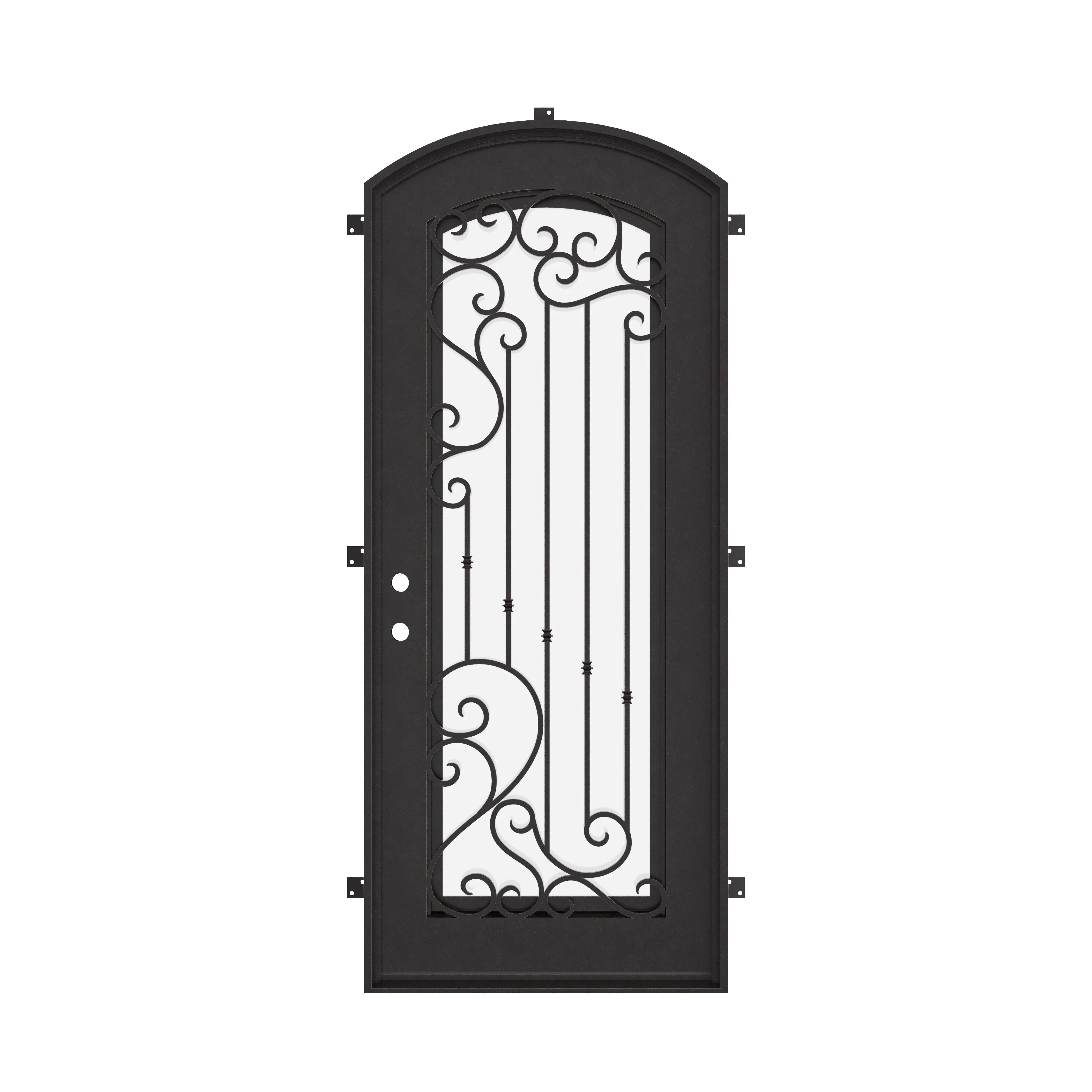 Paris black exterior metal eyebrow arch top door with ornate metalwork.