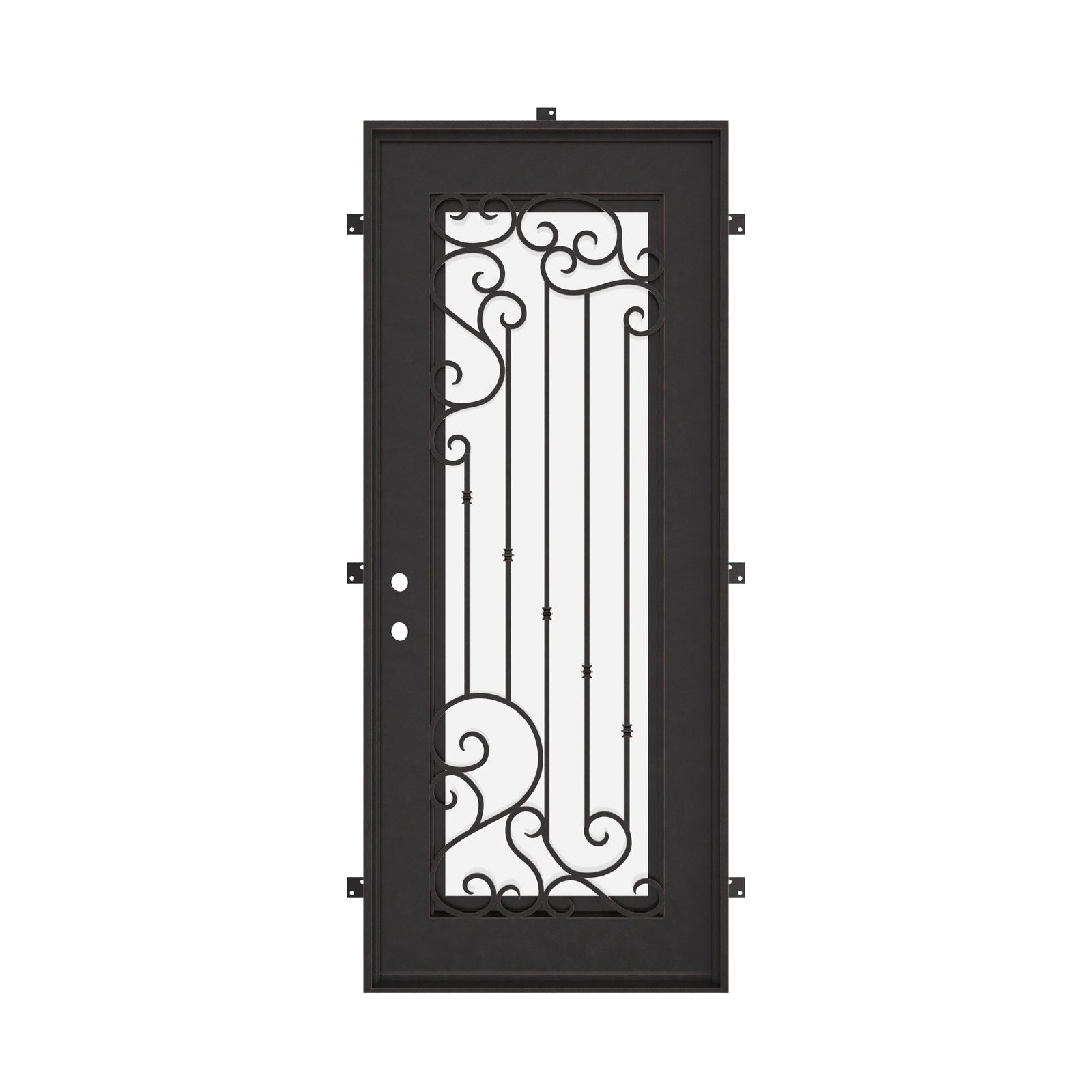 Paris Bronze color exterior iron flat top single door with energy efficient glass.