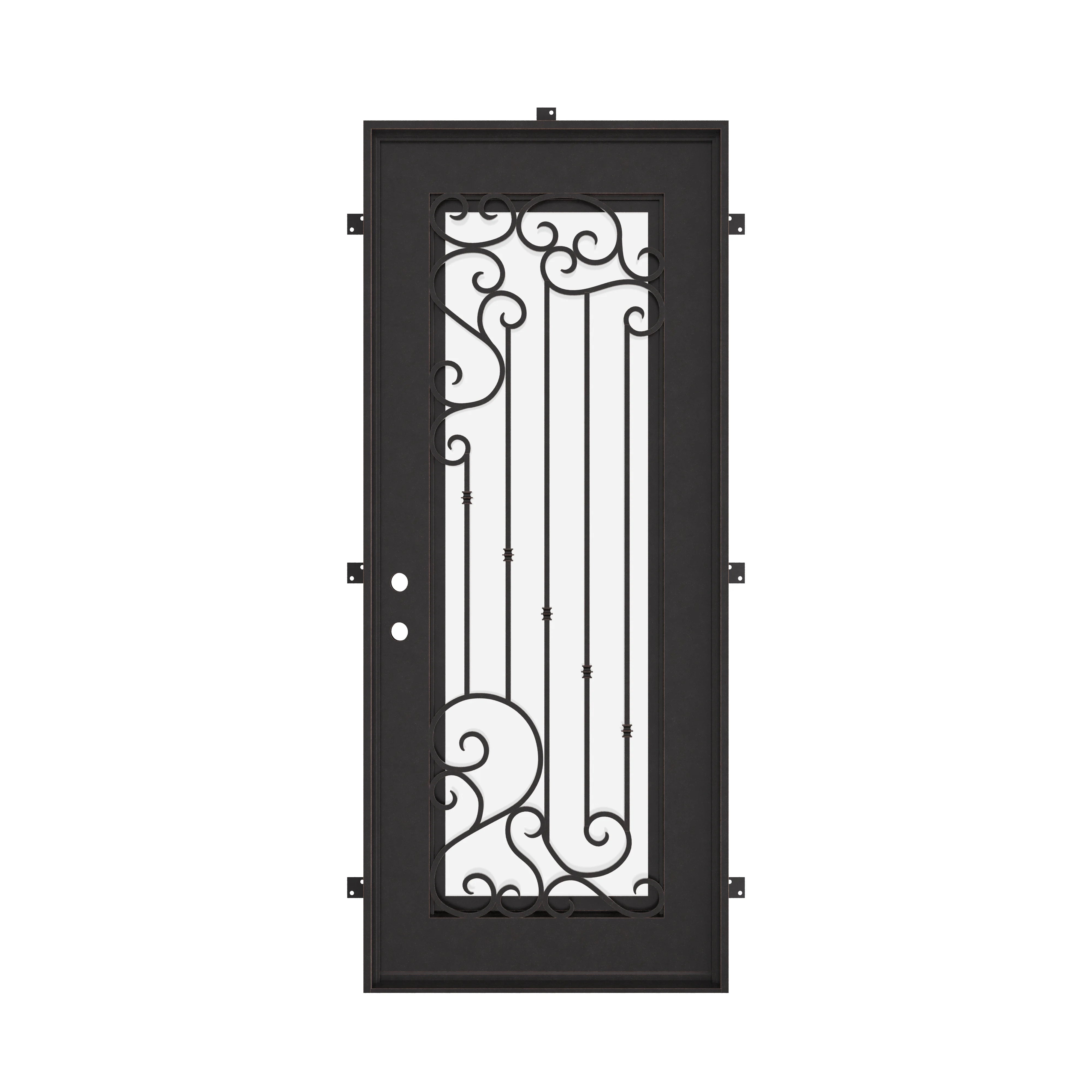 Paris Bronze color exterior iron flat top single door with energy efficient glass.