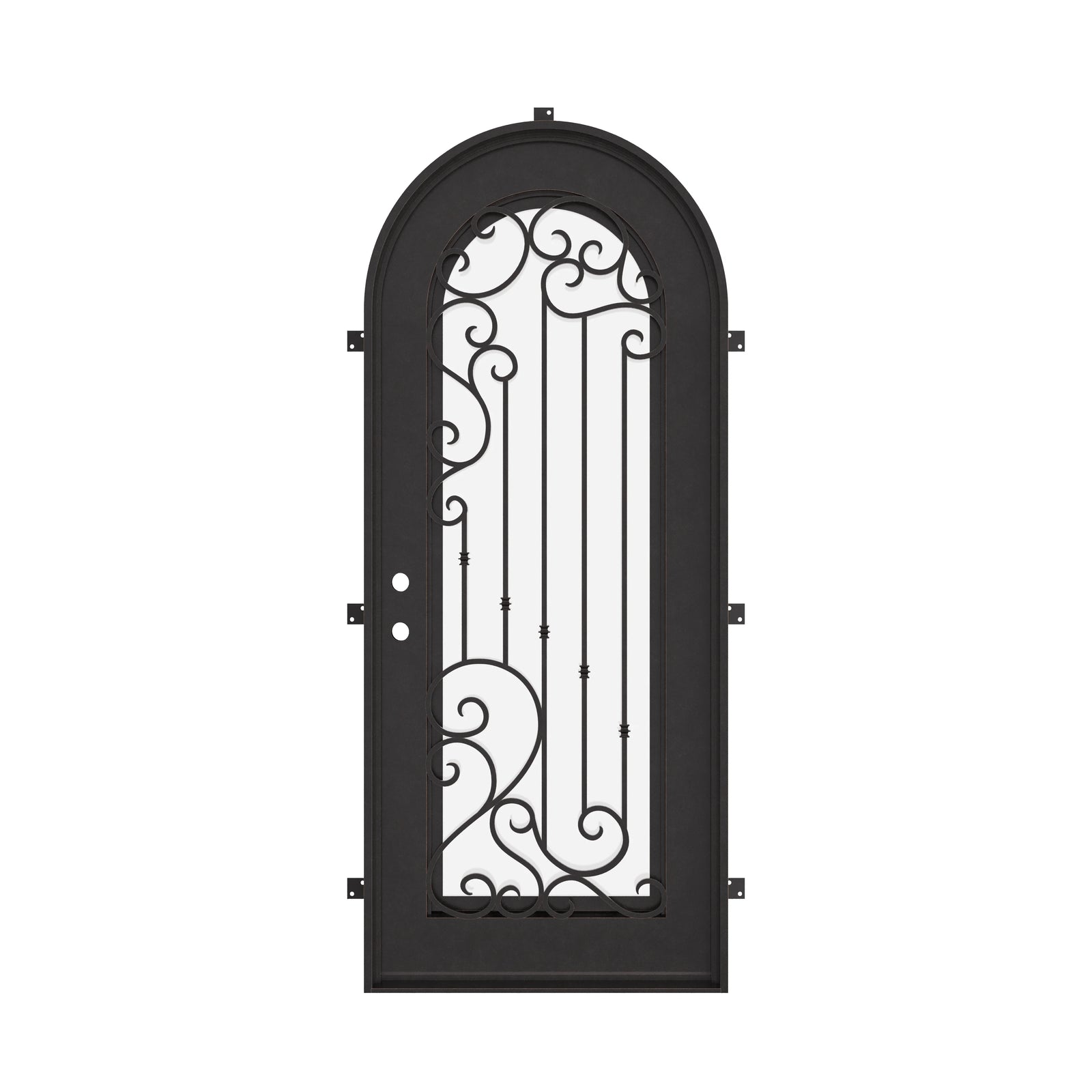 Paris single radius top entry door with decorative scrollwork and thick glass.