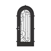 Paris single radius top entry door with decorative scrollwork and thick glass.