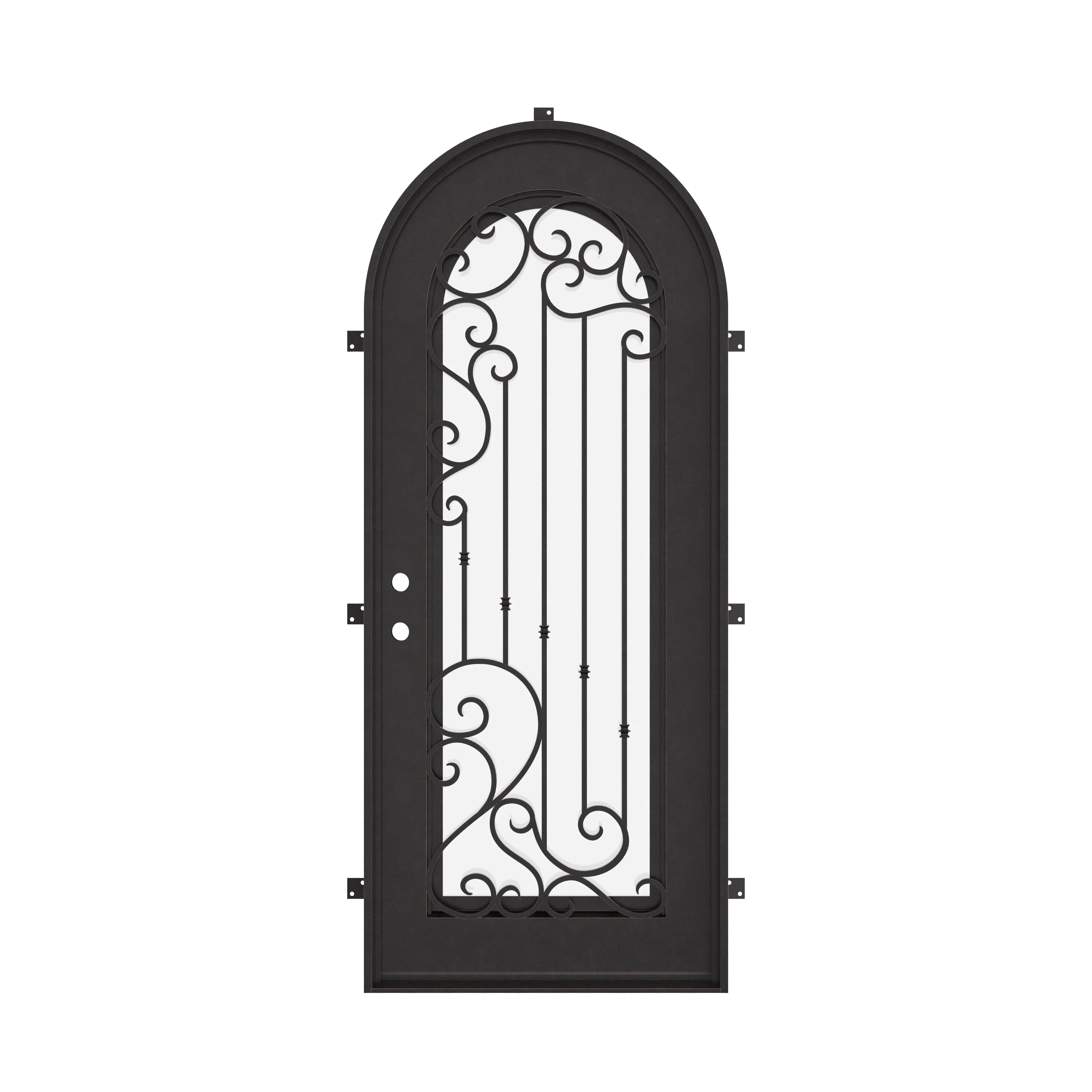Paris single radius top entry door with decorative scrollwork and thick glass.