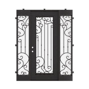 Paris wrought iron hinged door in black with flat top and sidelights.
