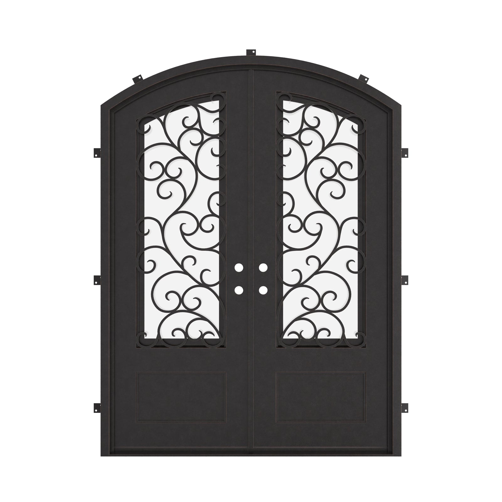 Story arched iron double door in bronze finish with glass.