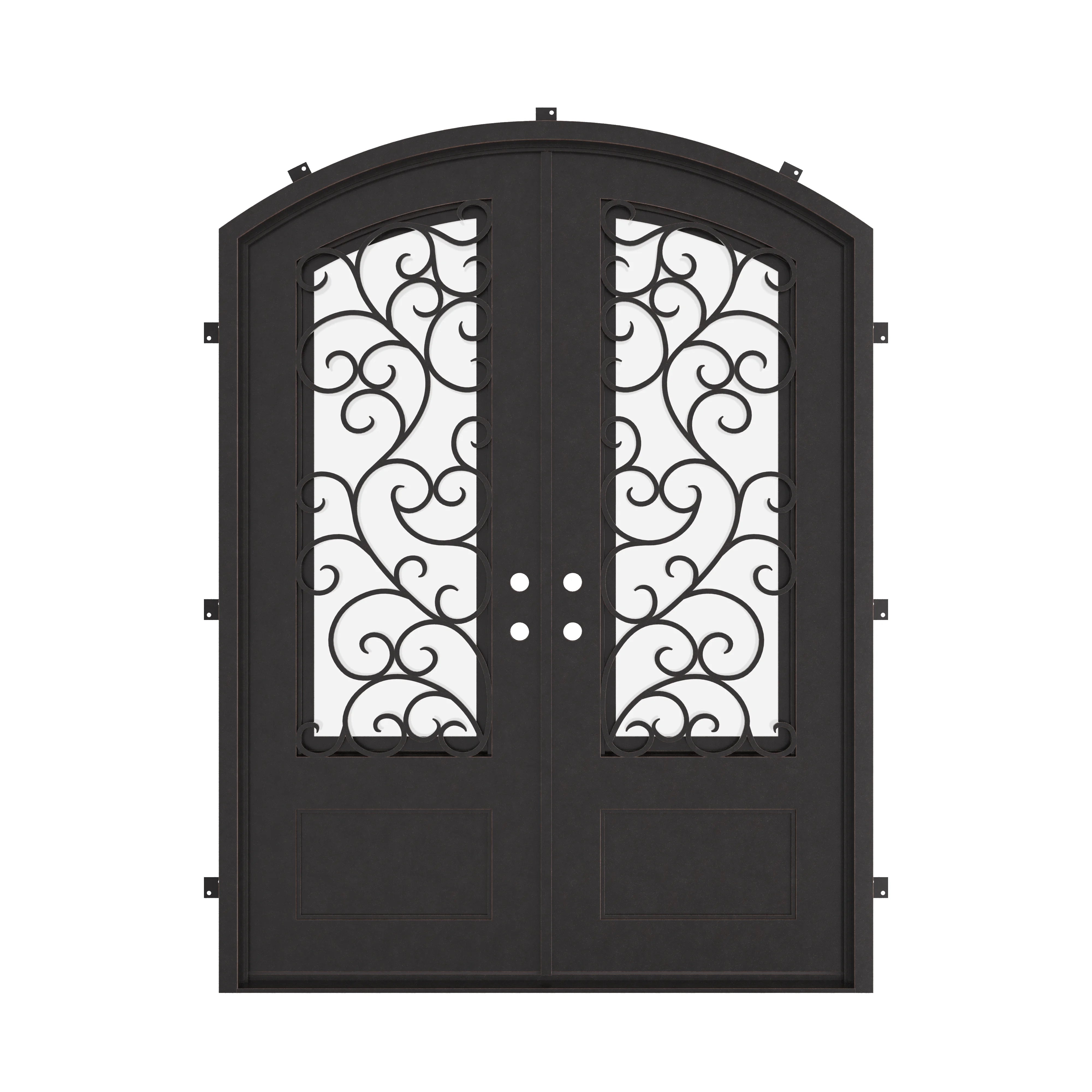 Story arched iron double door in bronze finish with glass.