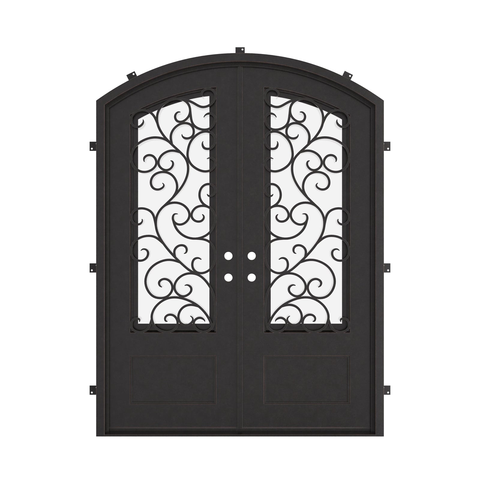 Story arched top double door with thermal barrier and clear glass in black.