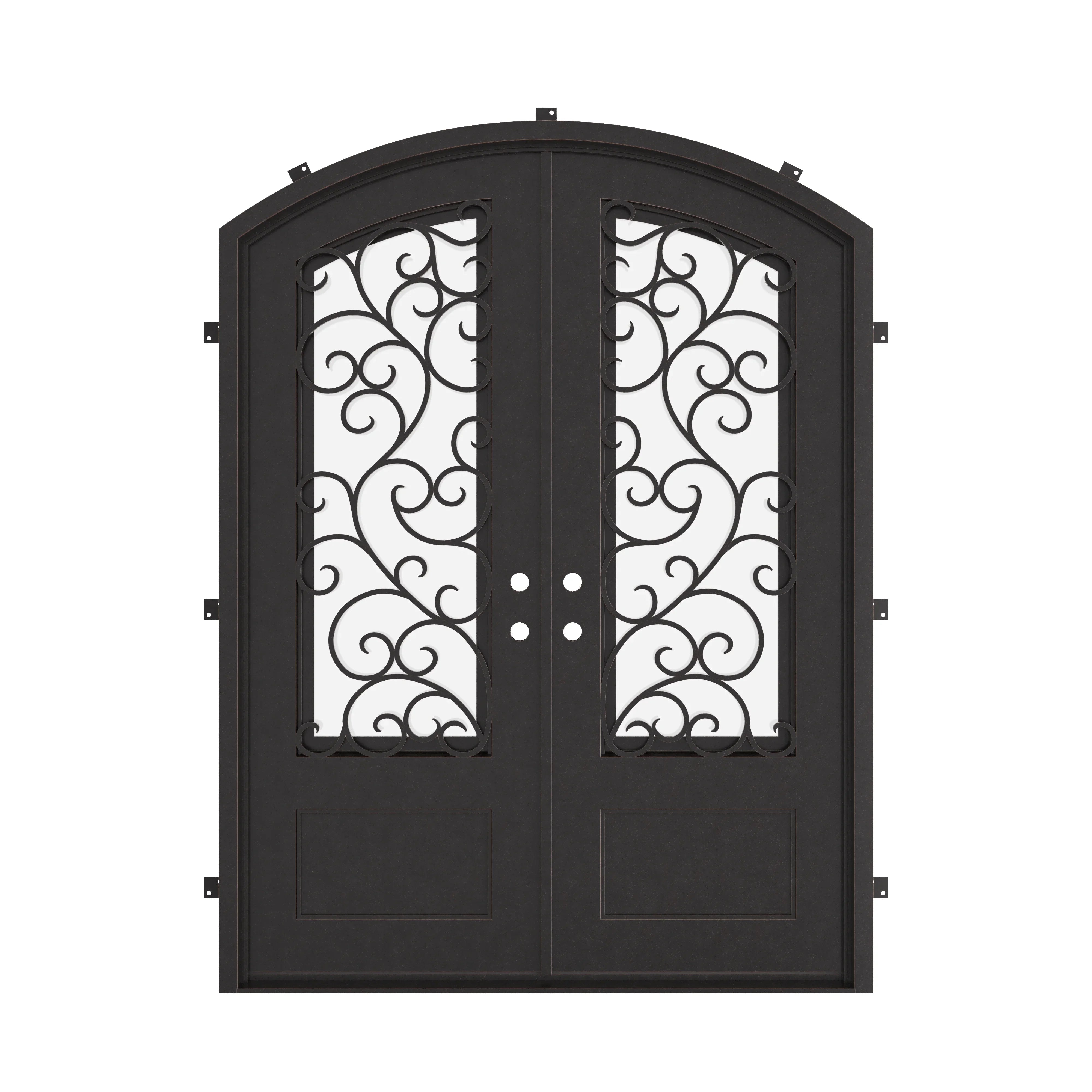 Story arched top double door with thermal barrier and clear glass in black.