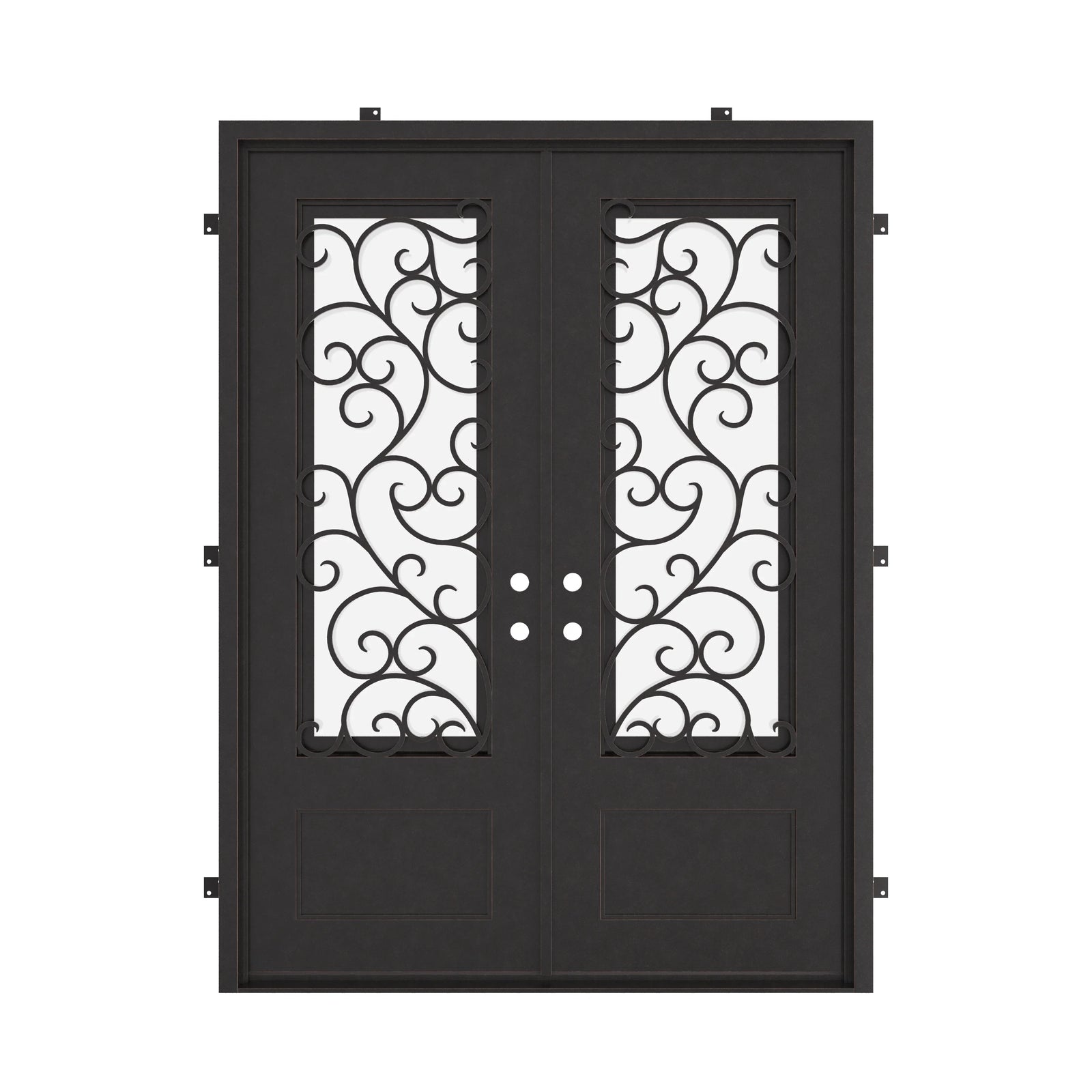 Story flat top double exterior door in bronze finish thermally broken.