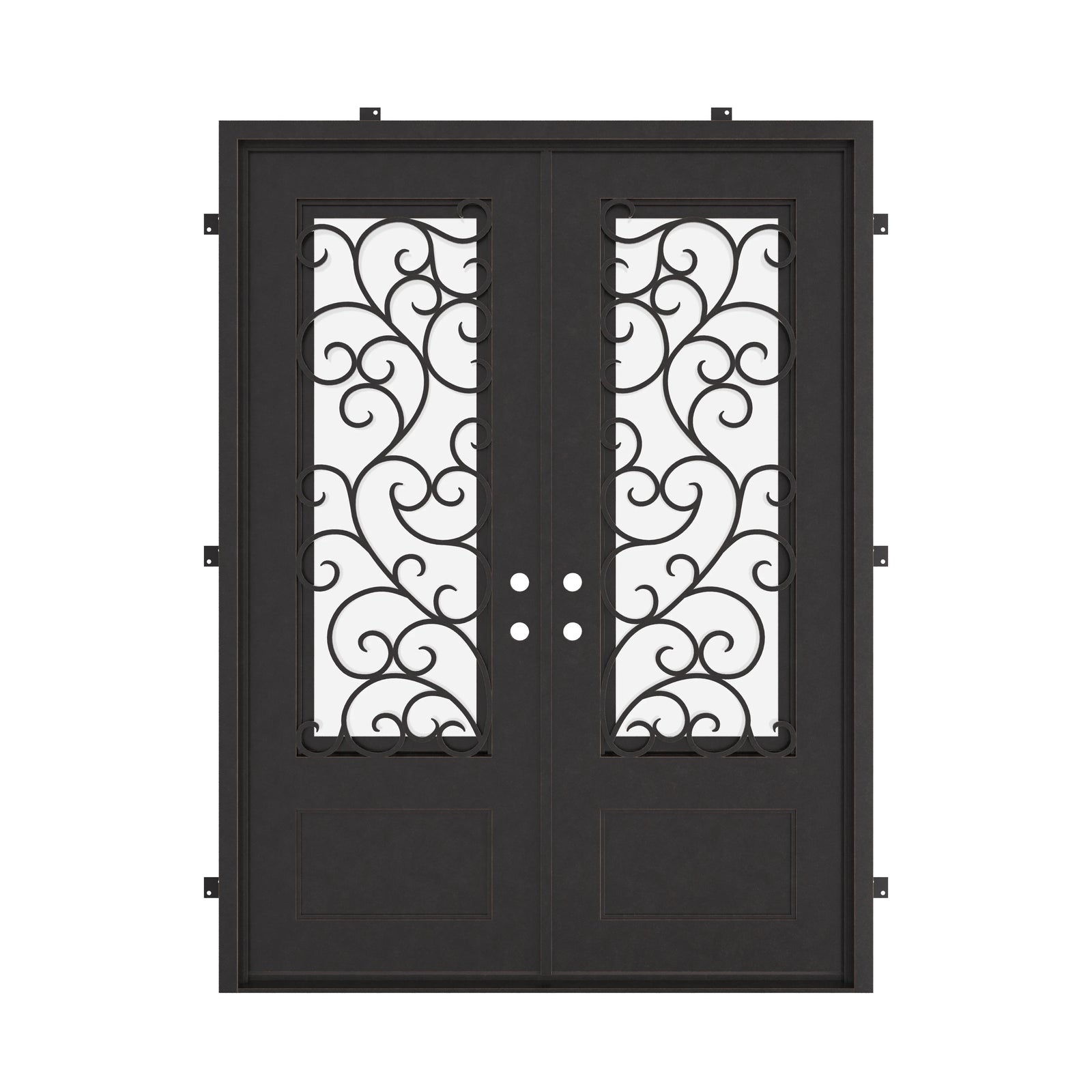 Story bronze color iron double flat top door with energy efficient glass.