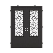 Story bronze color iron double flat top door with energy efficient glass.