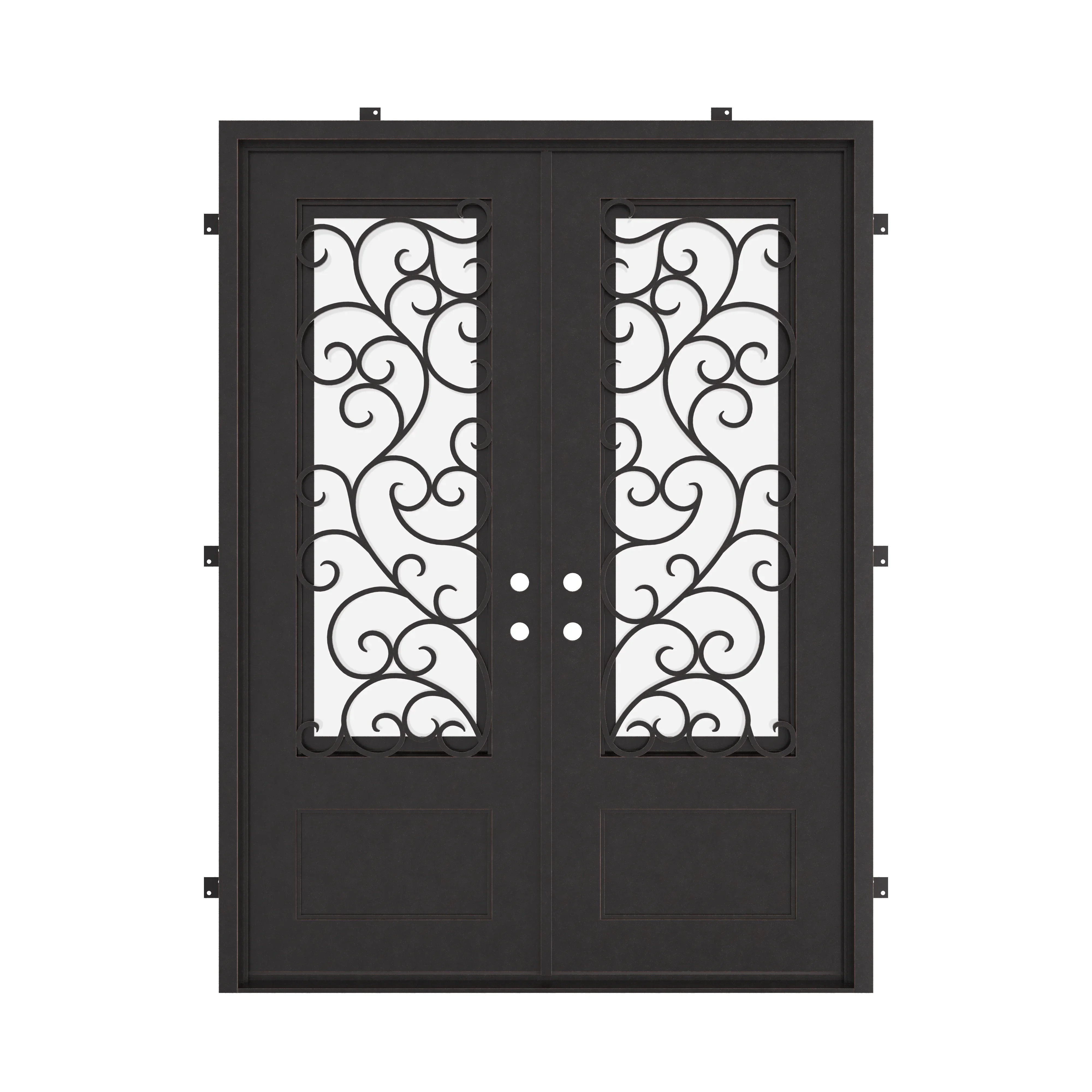 Story bronze color wrought iron double door with glass and square top.